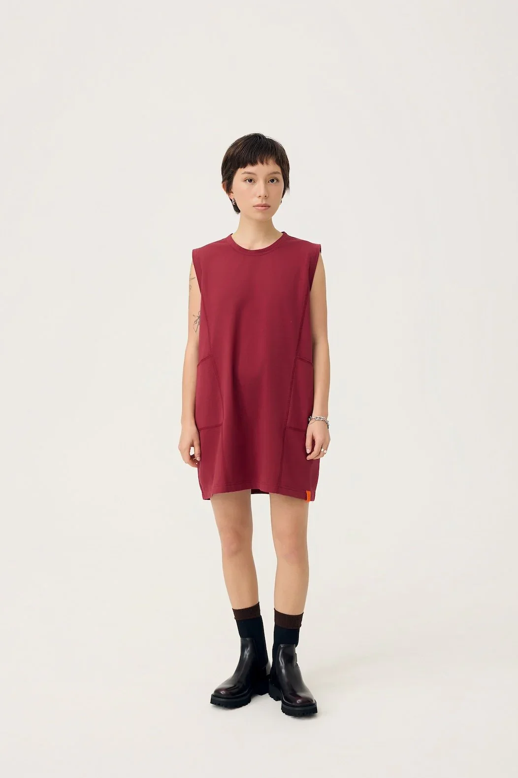 3EIGHTH | Cocoon Jersey Reversible Dress in Burgundy & Sappanwood