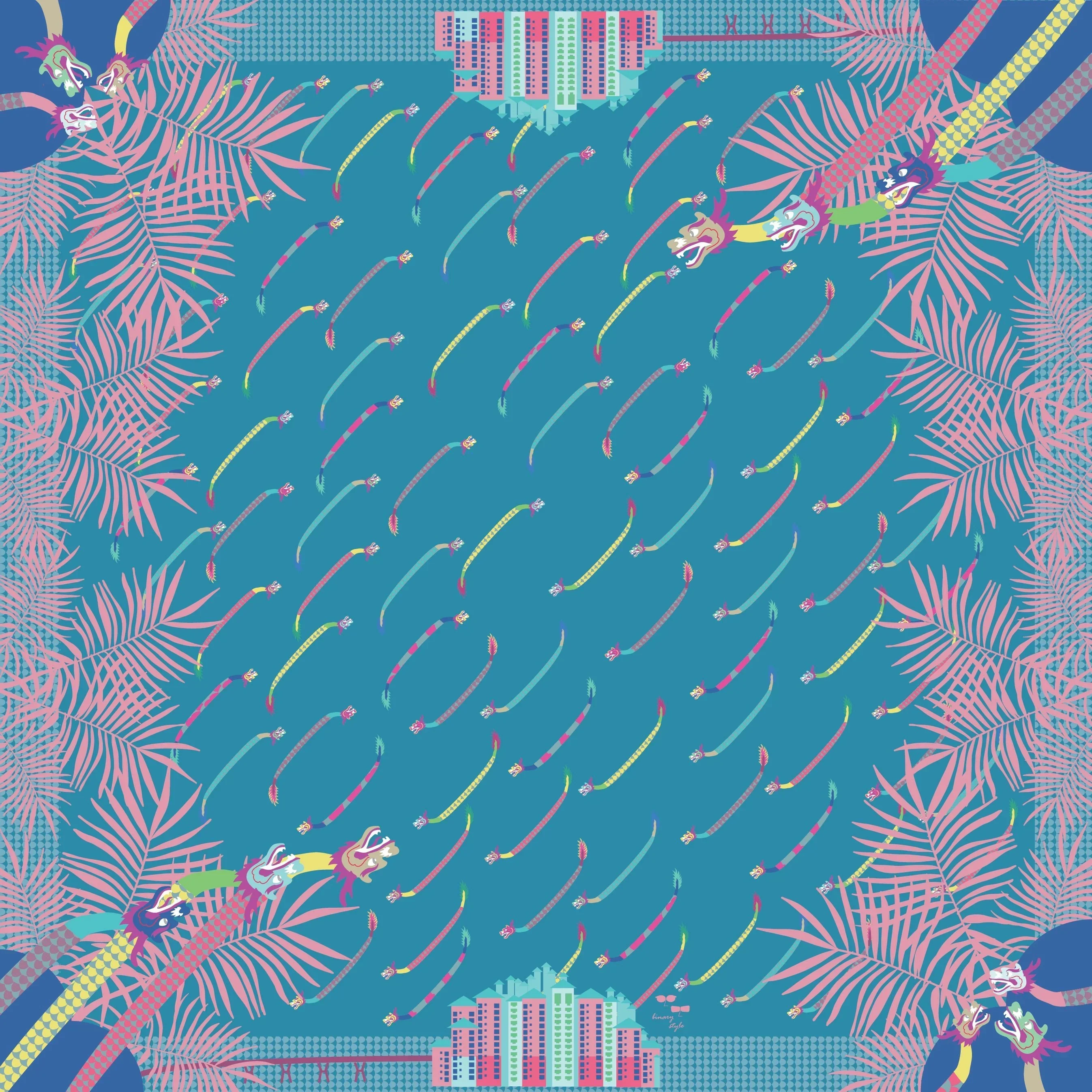 BINARY STYLE | Dragons On Singapore Water Silk Square Scarf 87X87 cm - Image 8
