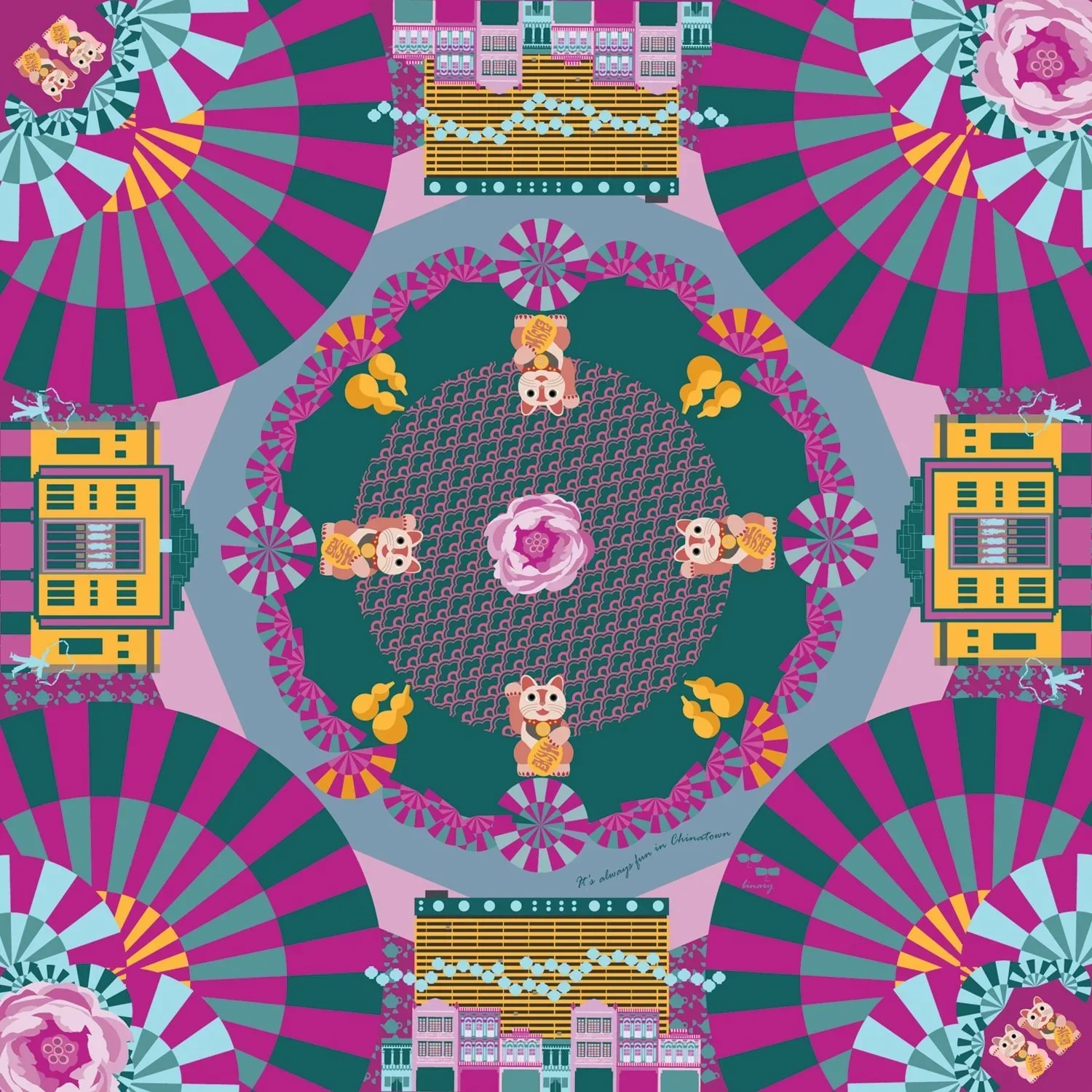 BINARY STYLE | It's Always Fun In Chinatown Silk Square Scarf 87x87cm - Image 3