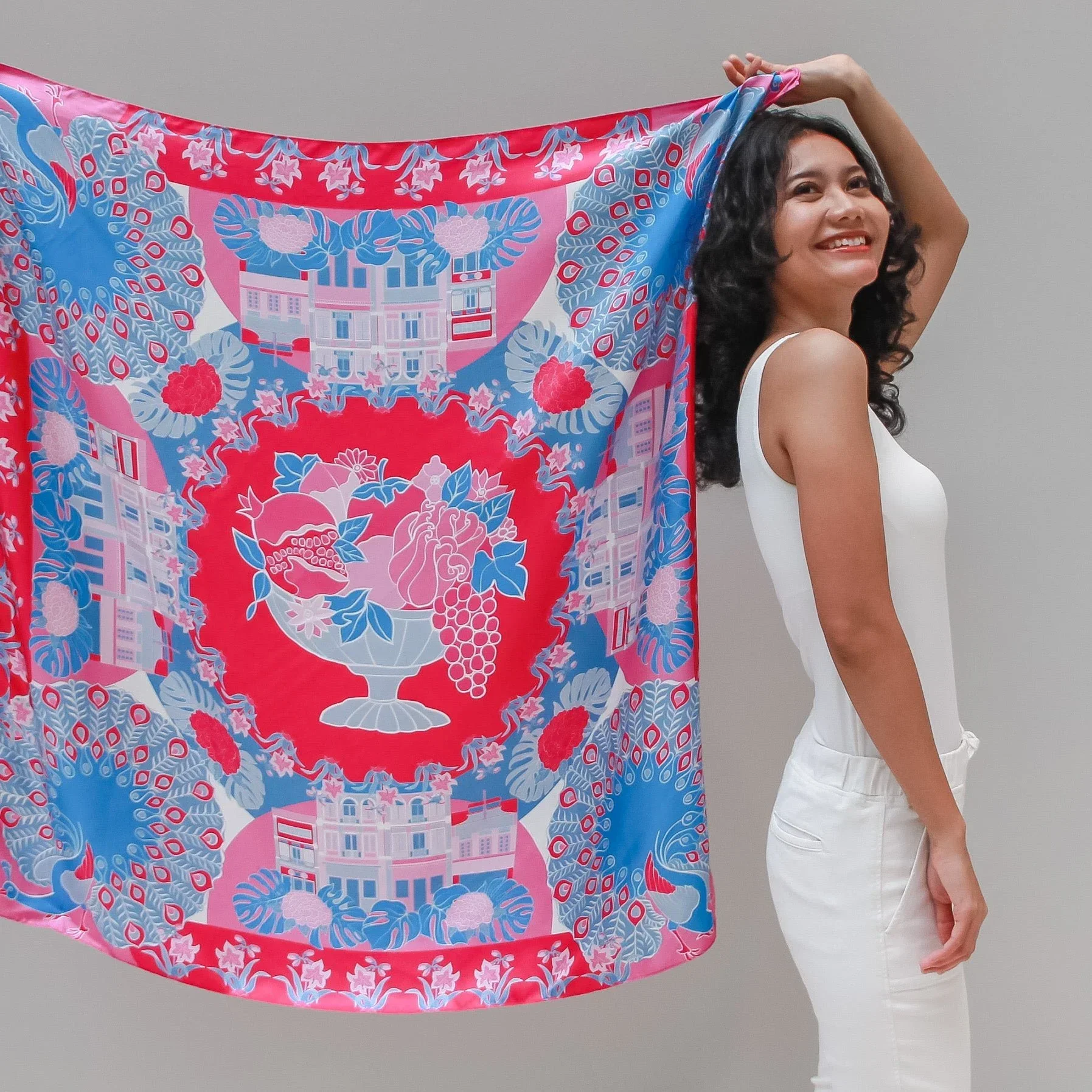 BINARY STYLE | Peranakan Epiphanies in Lilac 100% Premium Silk Scarf - Image 4
