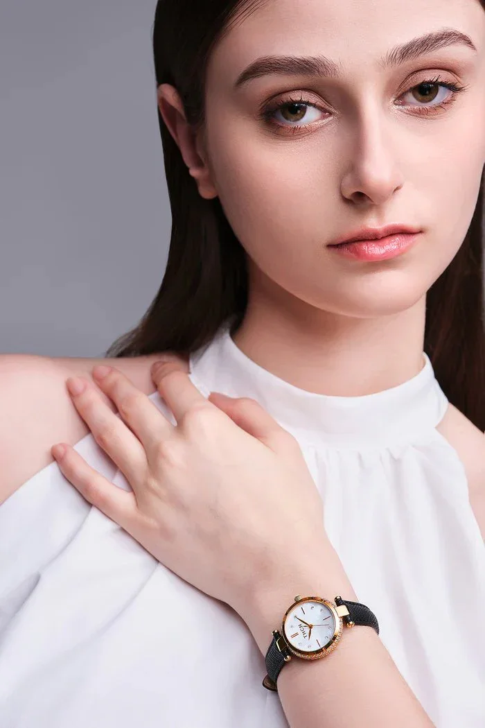 BLACK BY BLUE BRAVE | THCN T· I Mother-of-Pearl Dial Black Leather Strap Watch | Gold - Image 2