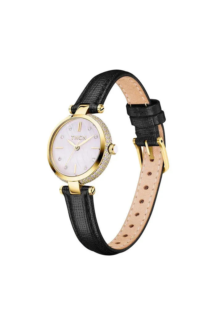 BLACK BY BLUE BRAVE | THCN T· I Mother-of-Pearl Dial Black Leather Strap Watch | Gold - Image 3