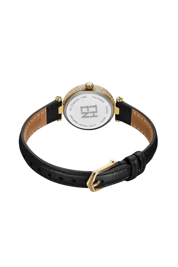 BLACK BY BLUE BRAVE | THCN T· I Mother-of-Pearl Dial Black Leather Strap Watch | Gold - Image 4