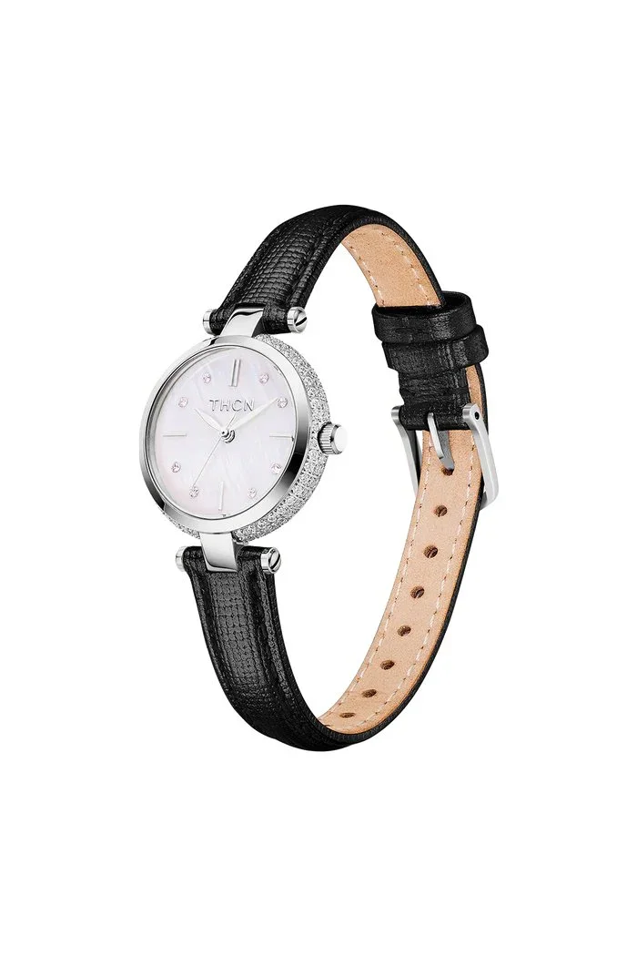 BLACK BY BLUE BRAVE | THCN T· I Mother-of-Pearl Dial Black Leather Strap Watch | Silver - Image 3