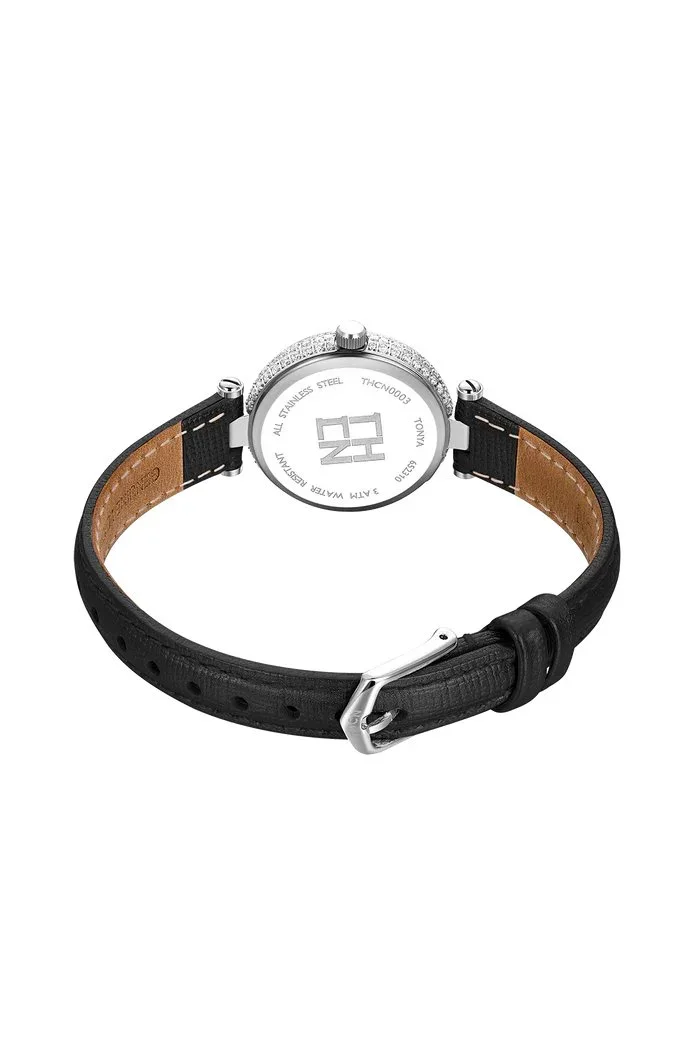 BLACK BY BLUE BRAVE | THCN T· I Mother-of-Pearl Dial Black Leather Strap Watch | Silver - Image 4