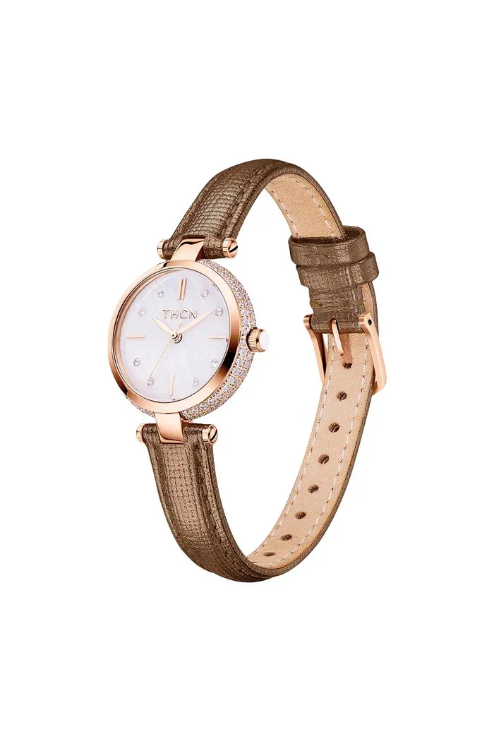 BLACK BY BLUE BRAVE | THCN T· I Mother-of-Pearl Dial Brown Leather Strap Watch - Image 3