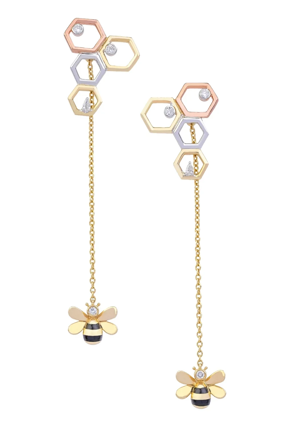 CREATIVE JEWELLERY STUDIO | 18k 3-Tone Gold & Diamond Bee & Honeycomb Earrings by Royada Jewelry