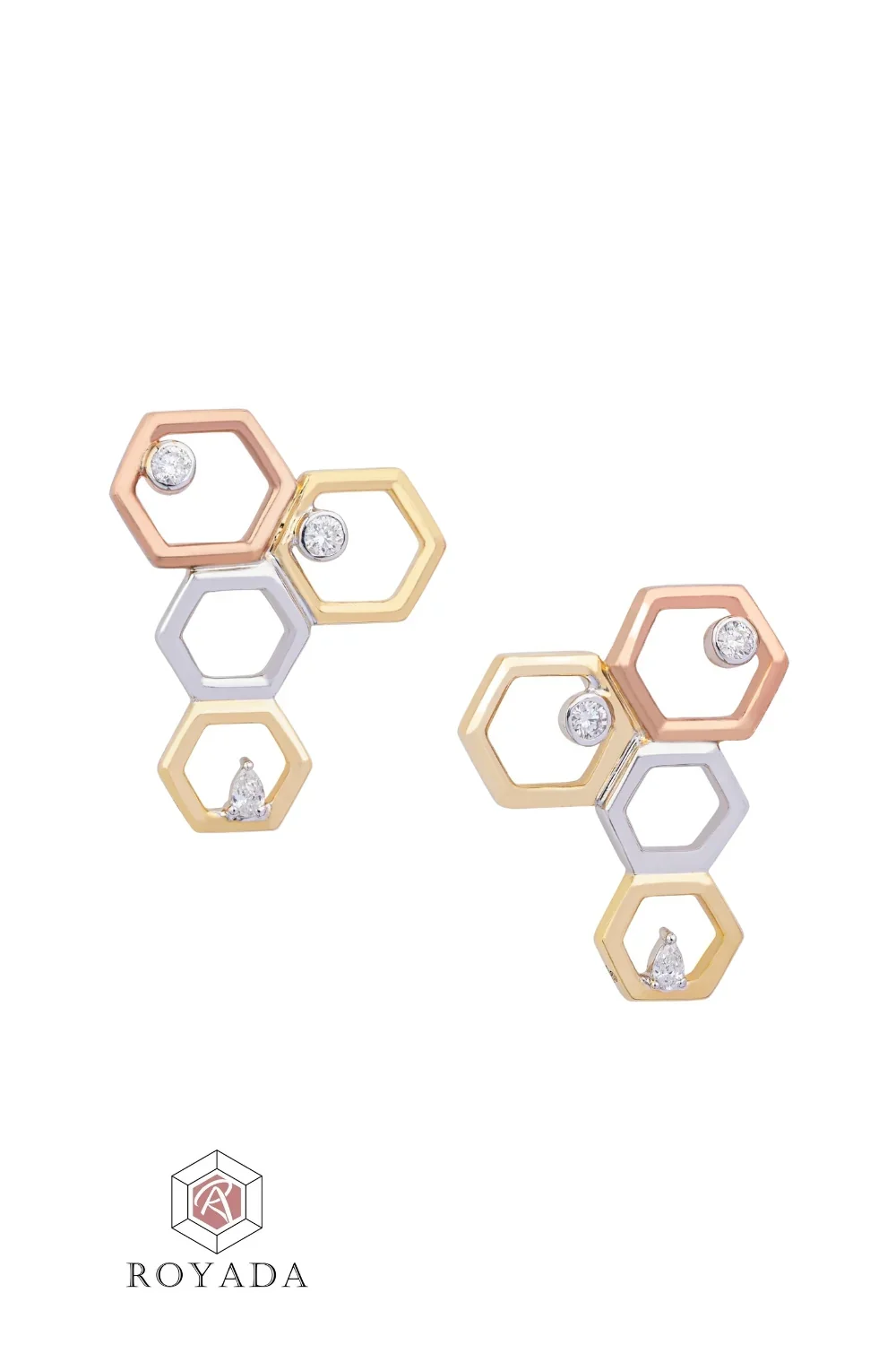 CREATIVE JEWELLERY STUDIO | 18k 3-Tone Gold & Diamond Bee & Honeycomb Earrings by Royada Jewelry - Image 2