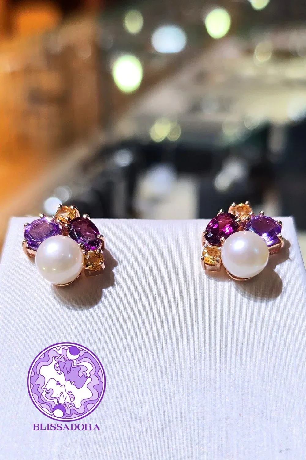CREATIVE JEWELLERY STUDIO | Amethyst, Rhodolite, Citrine & Pearl, Rose Gold Plated Silver Earrings by Blissadora - Image 2