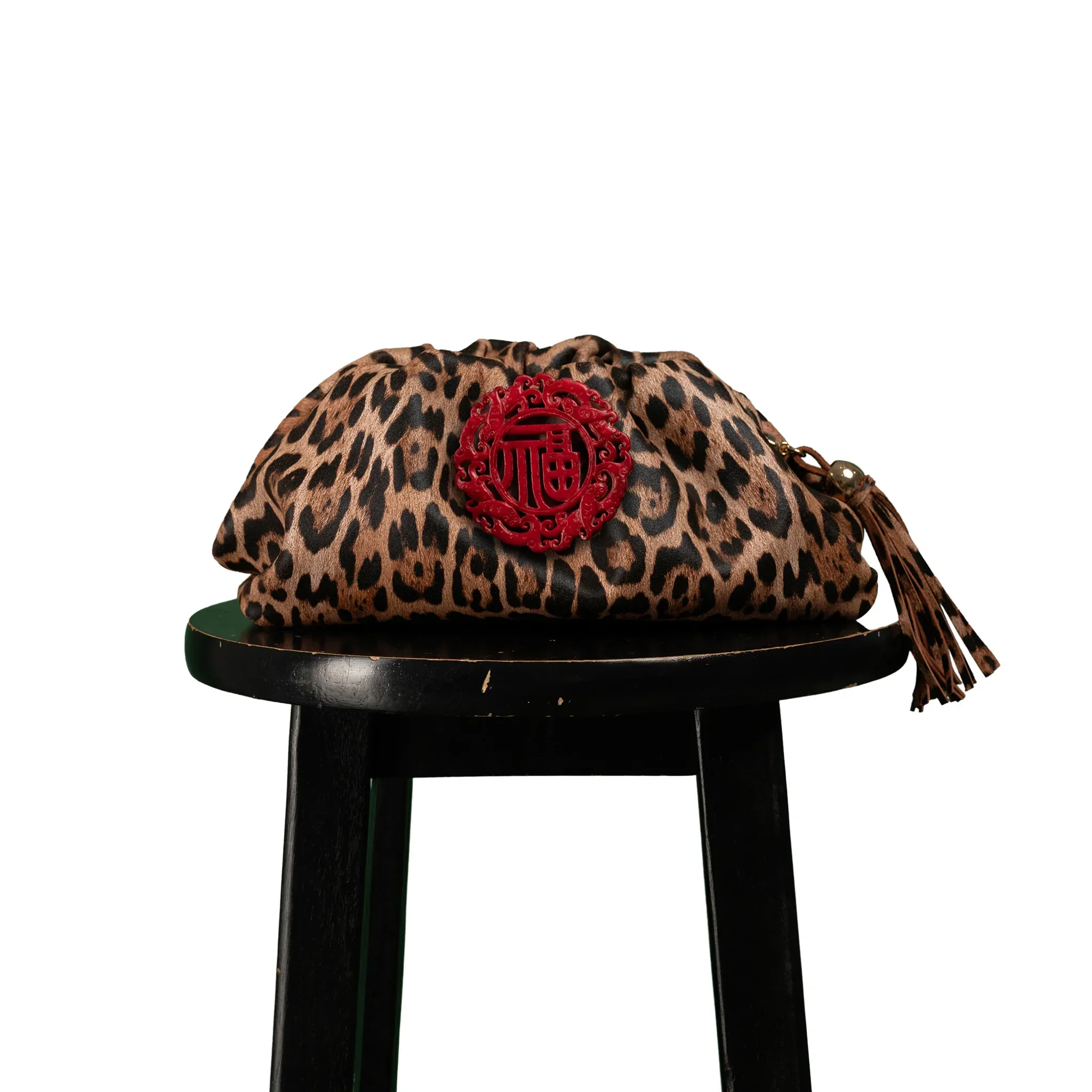 DESTI SAINT | Nzuri Patty Pouch | Leopard Print Leather w Red Jade Stone Ingot
