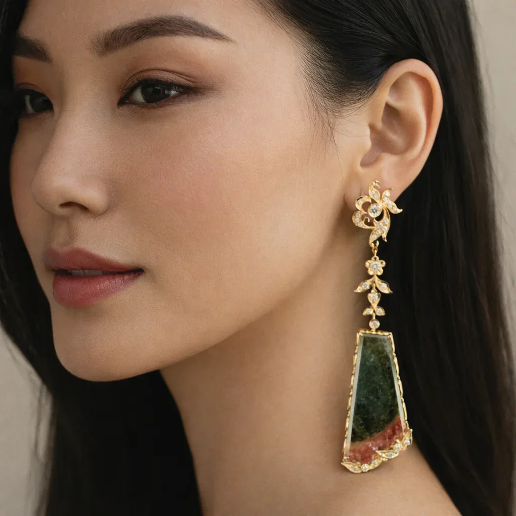 FOUNDATION JEWELLERS | 750 Y/G Peranakan Natural Diamond, Bi Tourmaline Earring 16.12gm Bi Tour2-48.44ct D4-0.49ct D54-1.11ct - Image 2