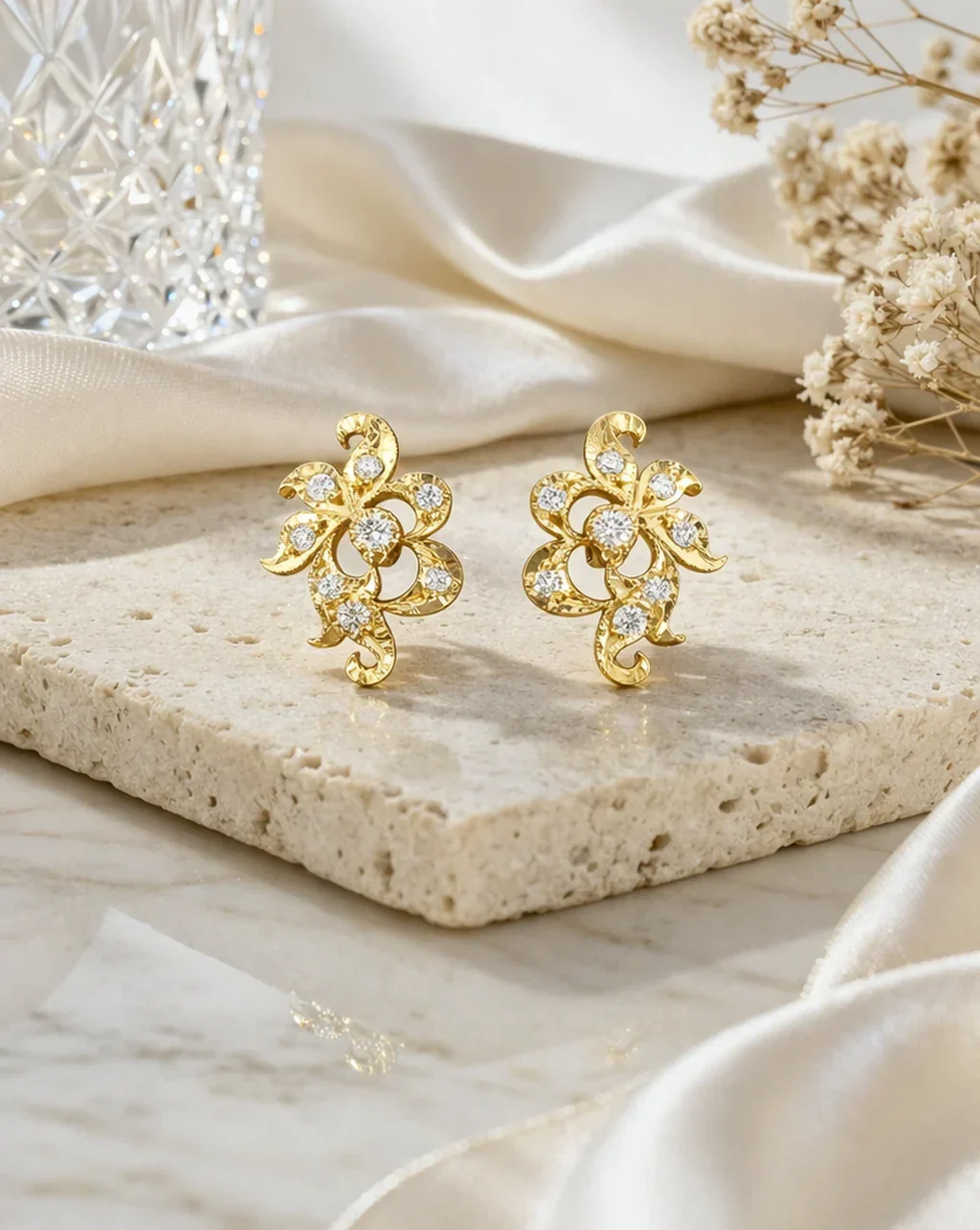 FOUNDATION JEWELLERS | Peranakan Flower Natural Diamond Stud Earrings in 18K Yellow Gold (0.36ct) - Image 2