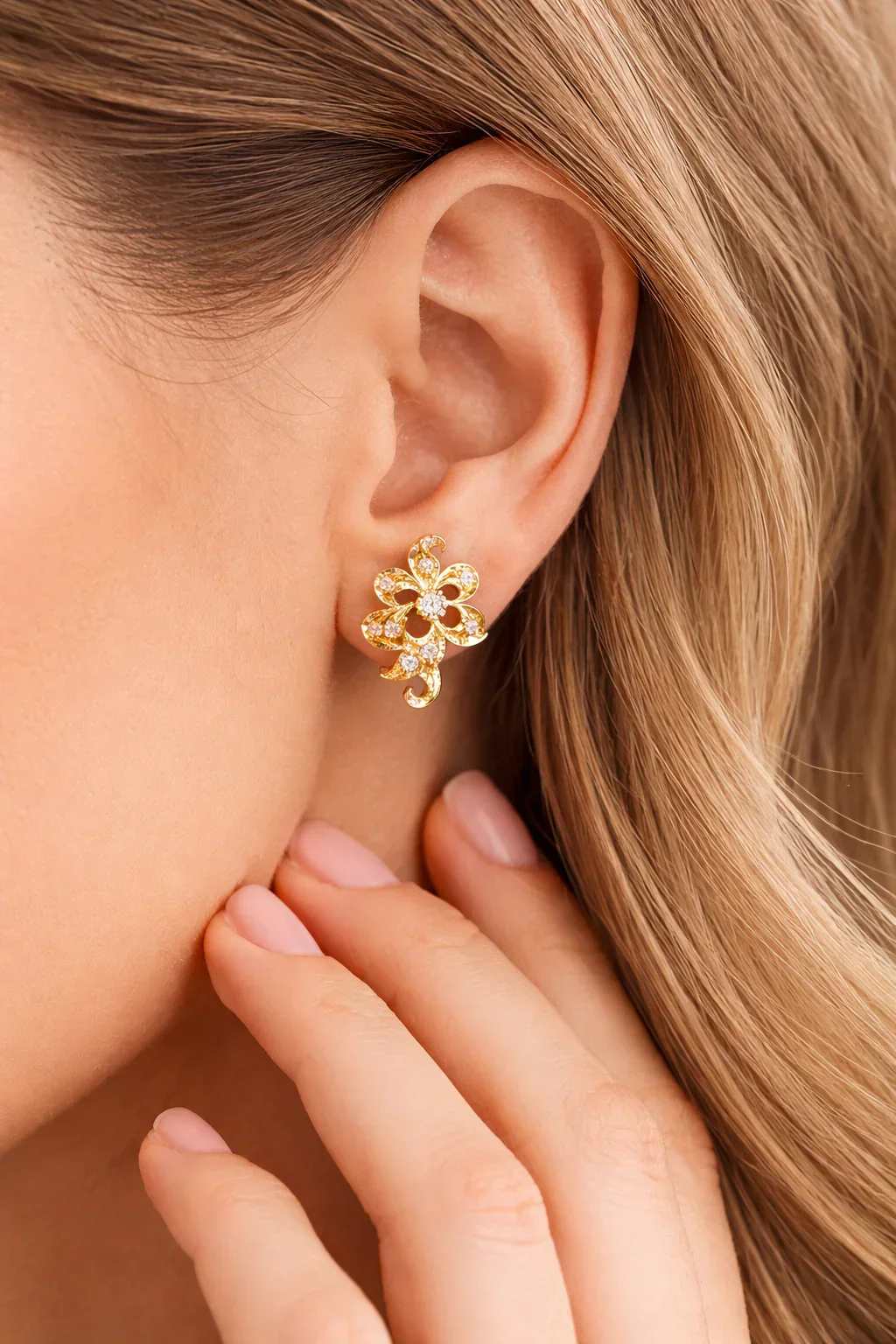 FOUNDATION JEWELLERS | Peranakan Flower Natural Diamond Stud Earrings in 18K Yellow Gold (0.36ct) - Image 3