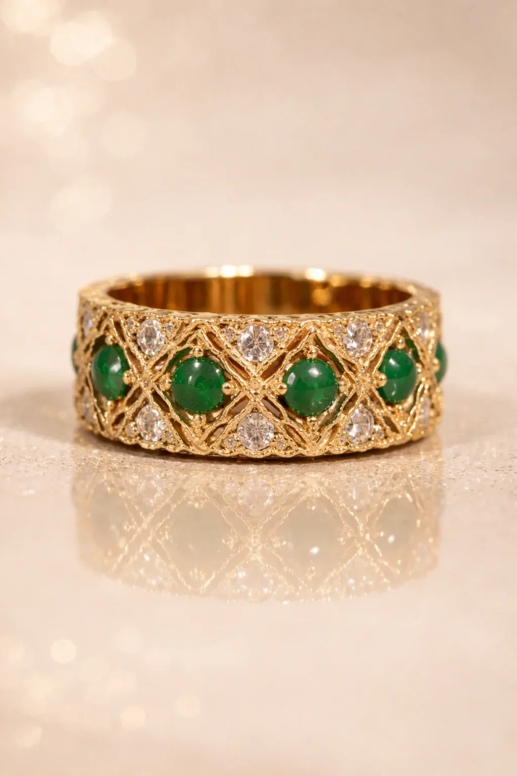 FOUNDATION JEWELLERS | Peranakan Floral Natural Diamond & Green Jade Ring in 18K Yellow Gold