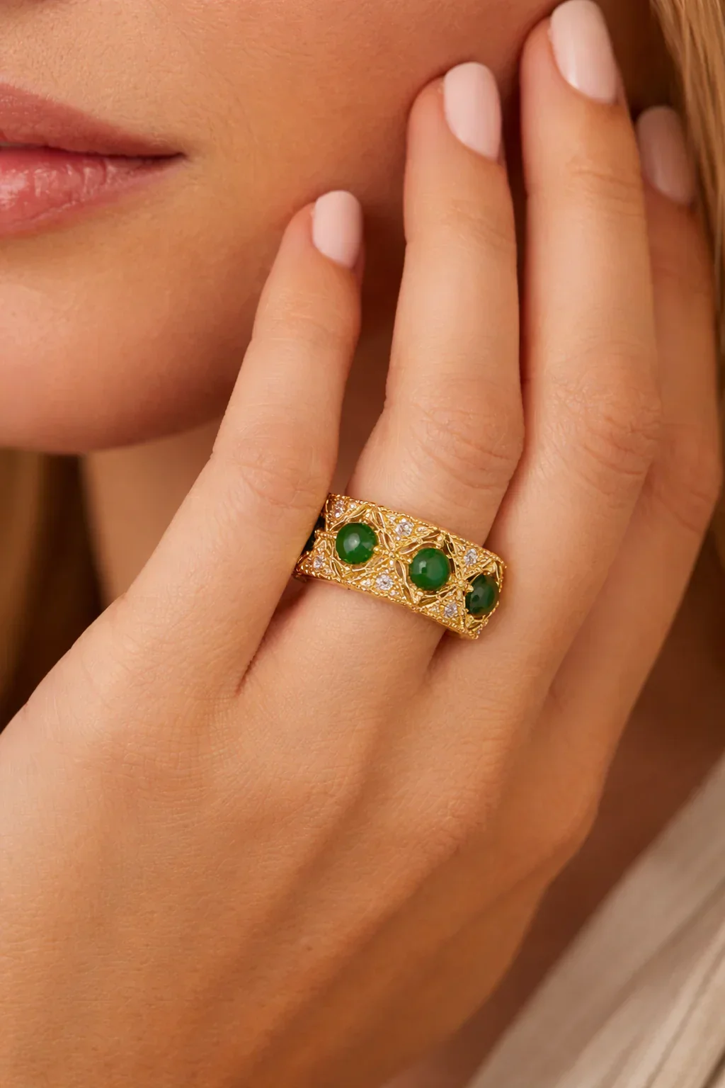 FOUNDATION JEWELLERS | Peranakan Floral Natural Diamond & Green Jade Ring in 18K Yellow Gold - Image 2