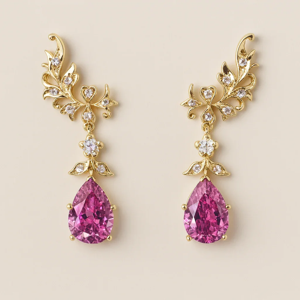 FOUNDATION JEWELLERS | 750 Y/G Peranakan Natural Diamond & Kunzite Earring 11.28gm Kunzite2-20.12ct D2-0.20ct D18-0.51ct
