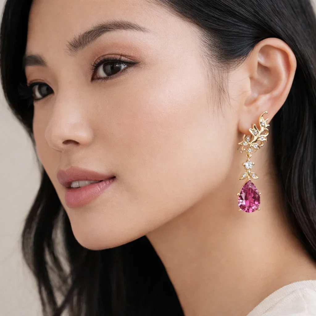 FOUNDATION JEWELLERS | 750 Y/G Peranakan Natural Diamond & Kunzite Earring 11.28gm Kunzite2-20.12ct D2-0.20ct D18-0.51ct - Image 2