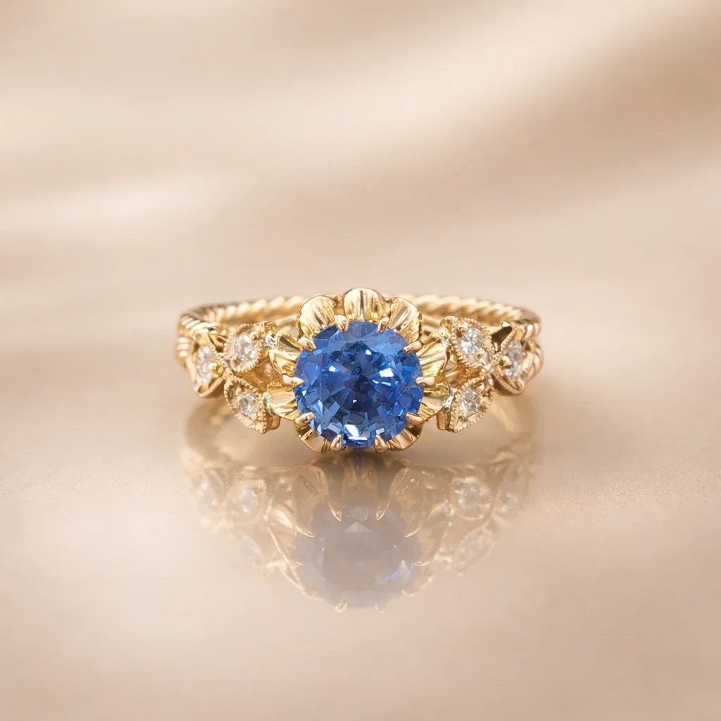FOUNDATION JEWELLERS | Peranakan Flower Natural Diamond & Blue Sapphire Ring in 18K Yellow Gold