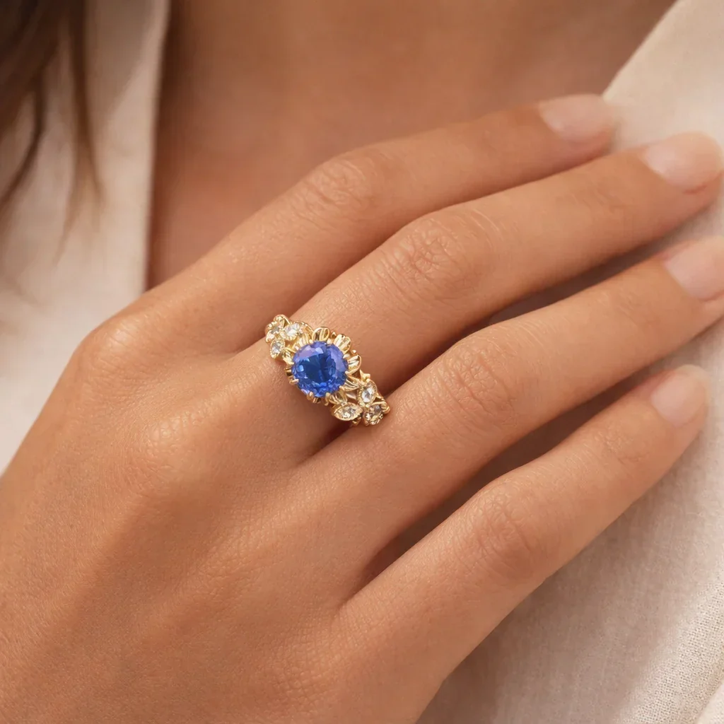 FOUNDATION JEWELLERS | Peranakan Flower Natural Diamond & Blue Sapphire Ring in 18K Yellow Gold - Image 2