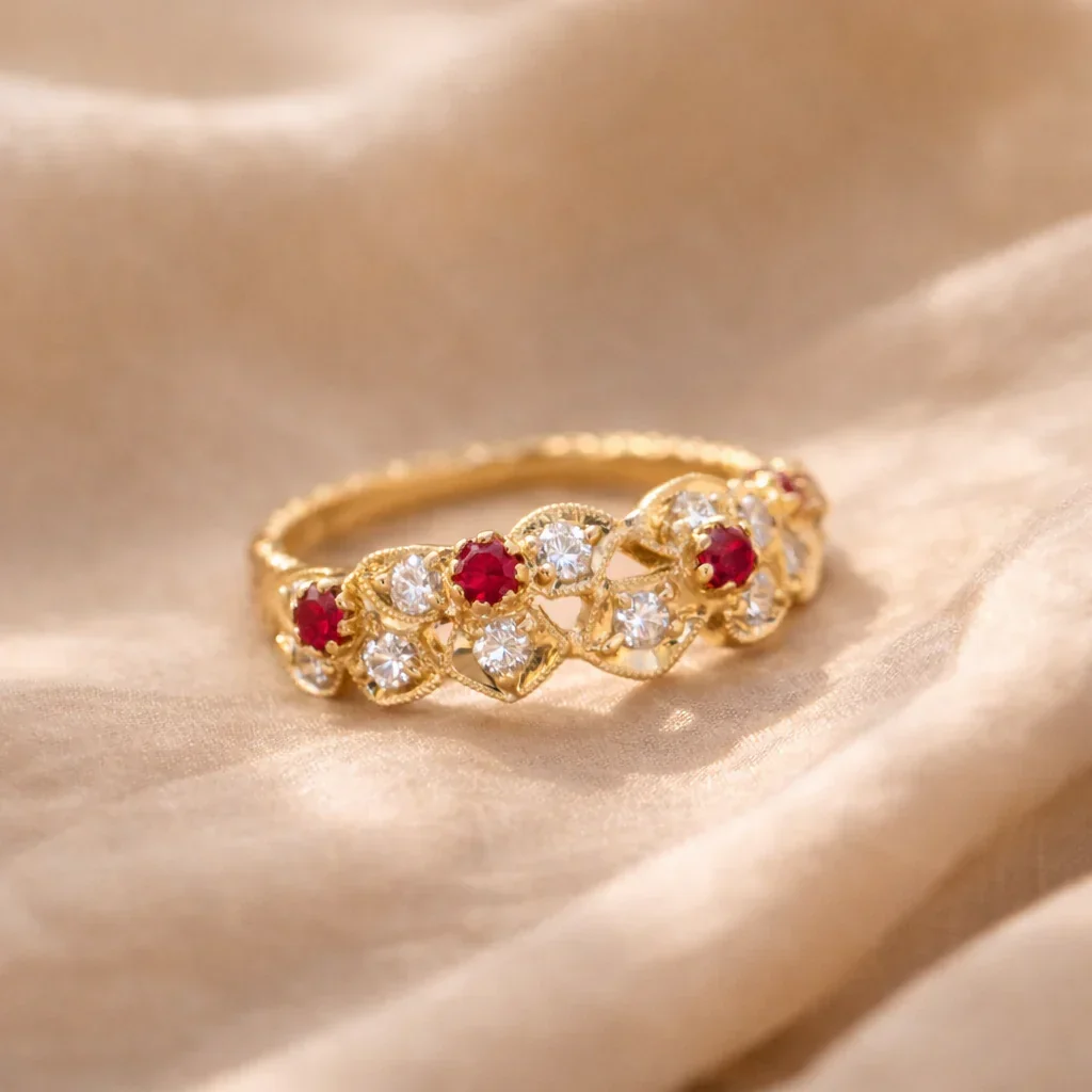 FOUNDATION JEWELLERS | 18K Yellow Gold Peranakan Floral Natural Diamond & Ruby Ring