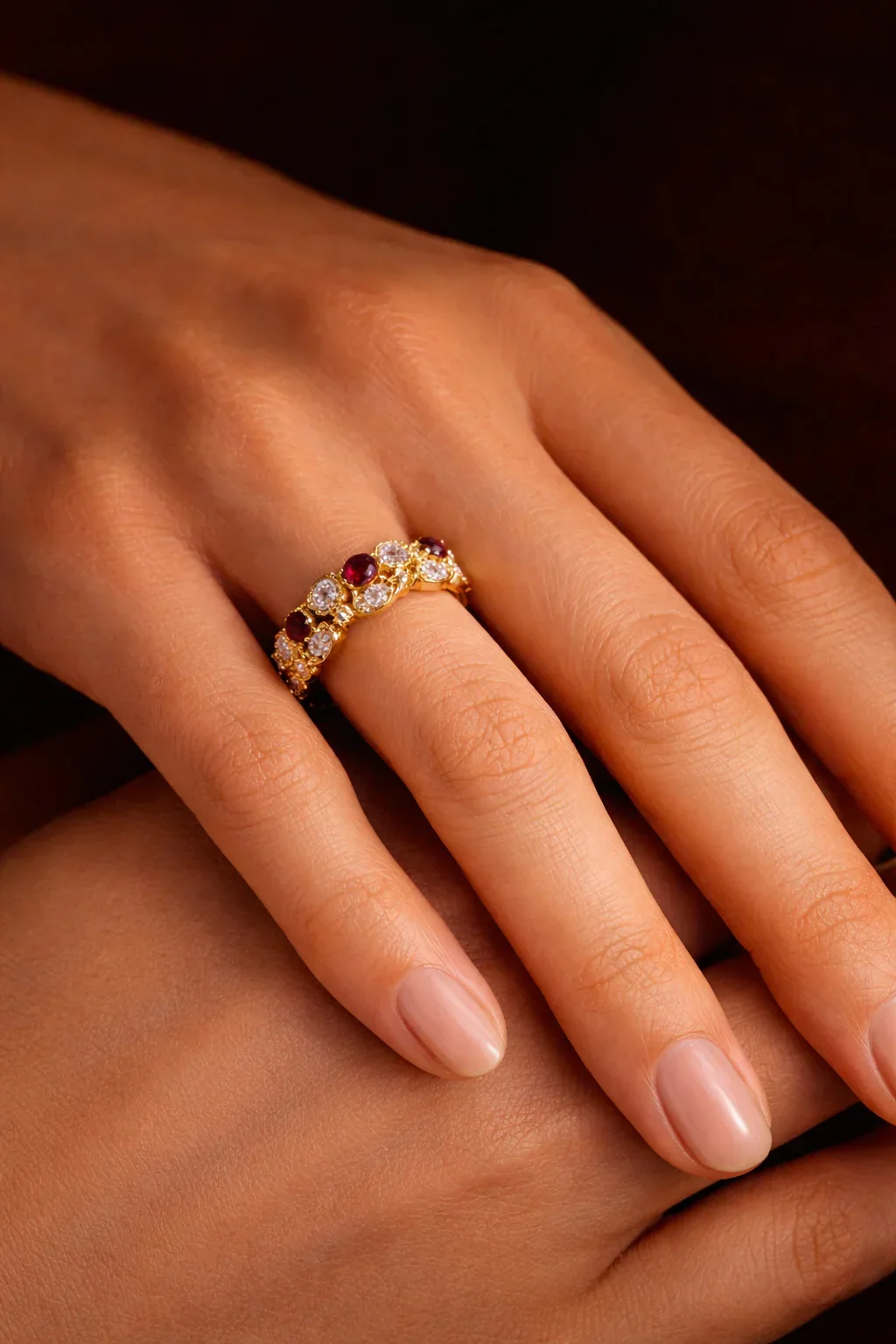 FOUNDATION JEWELLERS | 18K Yellow Gold Peranakan Floral Natural Diamond & Ruby Ring - Image 2