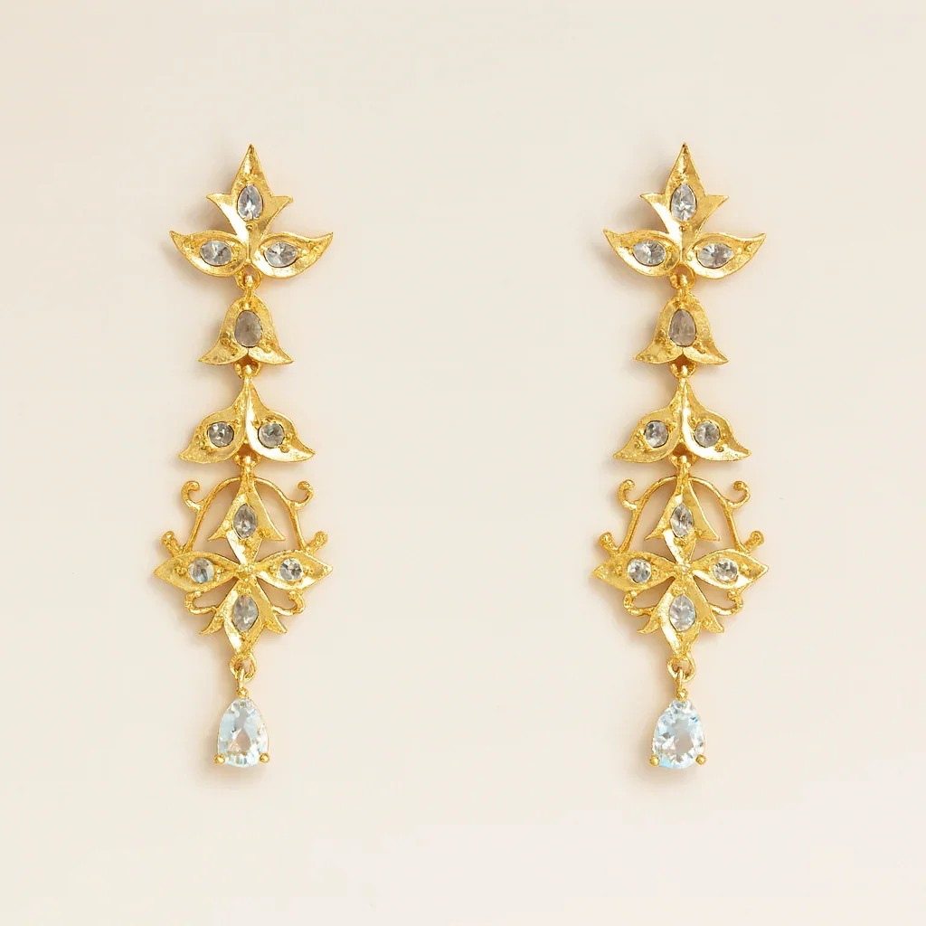 FOUNDATION JEWELLERS | 750 Y/G Peranakan Natural Rose Cut Diamond & Aquamarine Earring 8.40gm Aq2-0.76ct RCD20-0.99ct