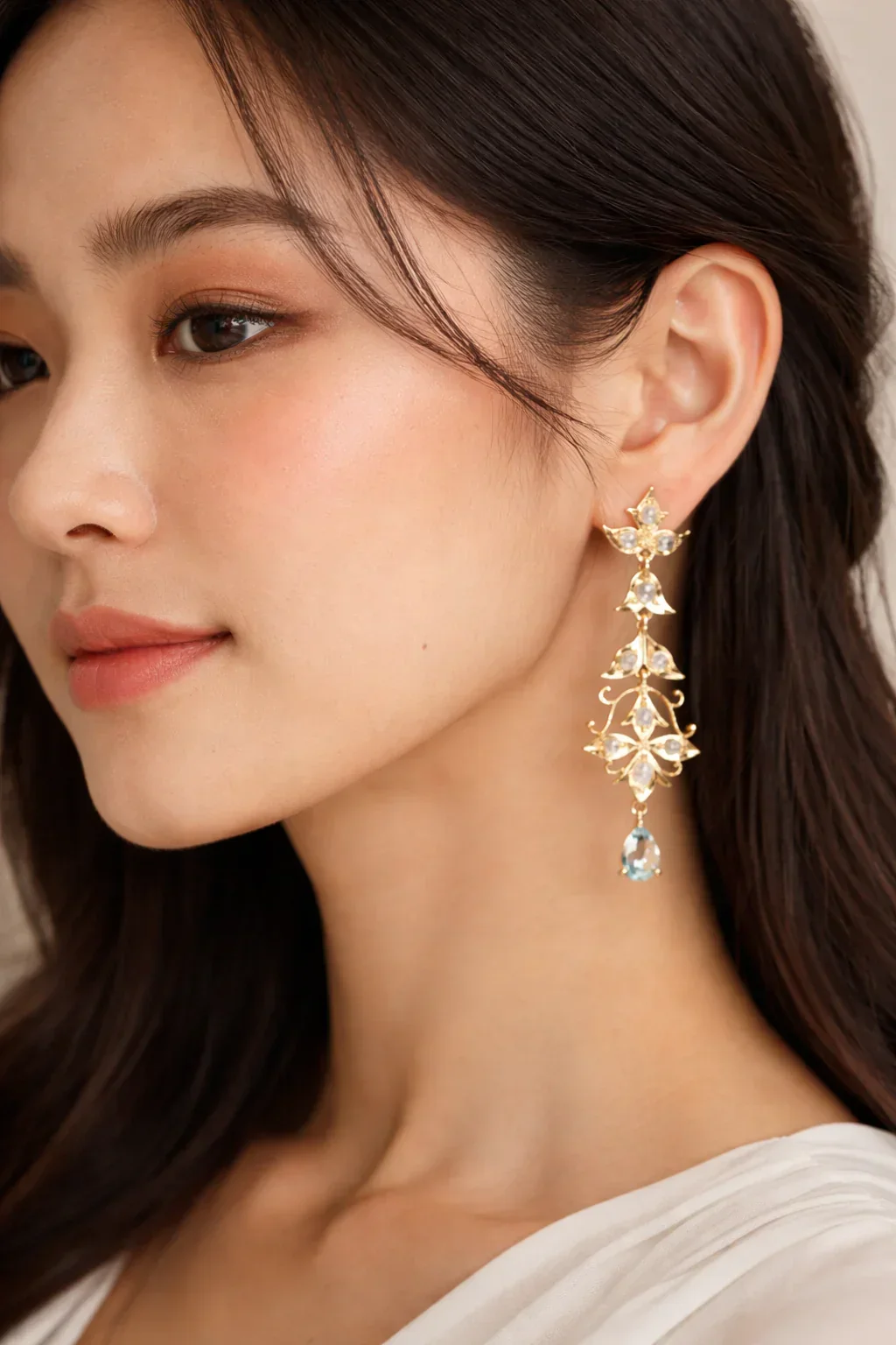 FOUNDATION JEWELLERS | 750 Y/G Peranakan Natural Rose Cut Diamond & Aquamarine Earring 8.40gm Aq2-0.76ct RCD20-0.99ct - Image 2