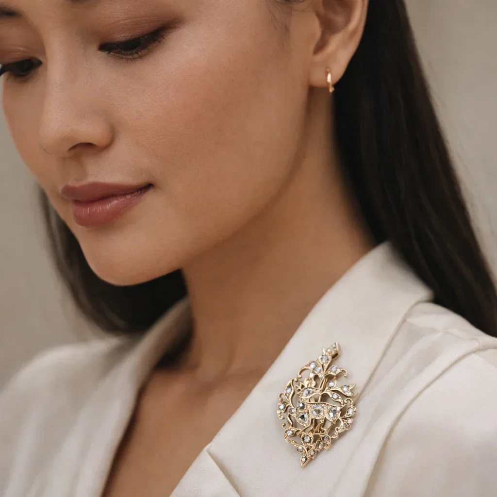 FOUNDATION JEWELLERS | 750 Y/G Peranakan Natural Rose Cut Diamond & Diamond Pendant Brooch "Deer" 7.10gm RCD6-0.56ct D15-0.47ct - Image 2