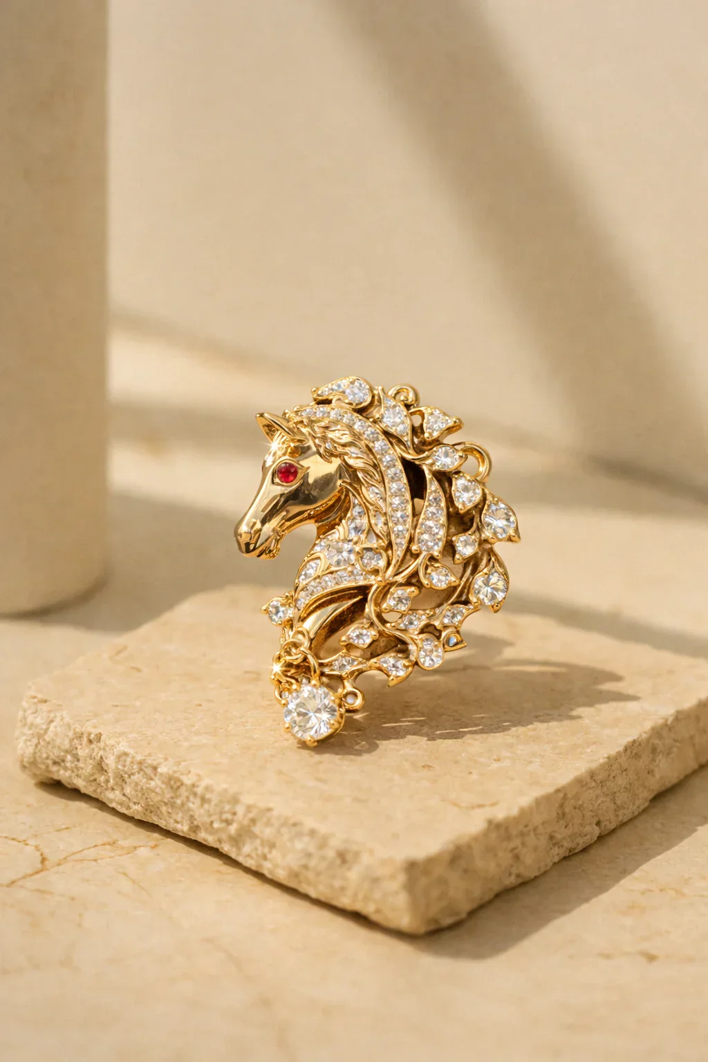 FOUNDATION JEWELLERS | 750 Y/G Peranakan Natural Rose Cut Diamond Pendant Brooch "Horse" 10.19gm Ruby2-010ct RCD41-1.14ct RCD1-0.51ct