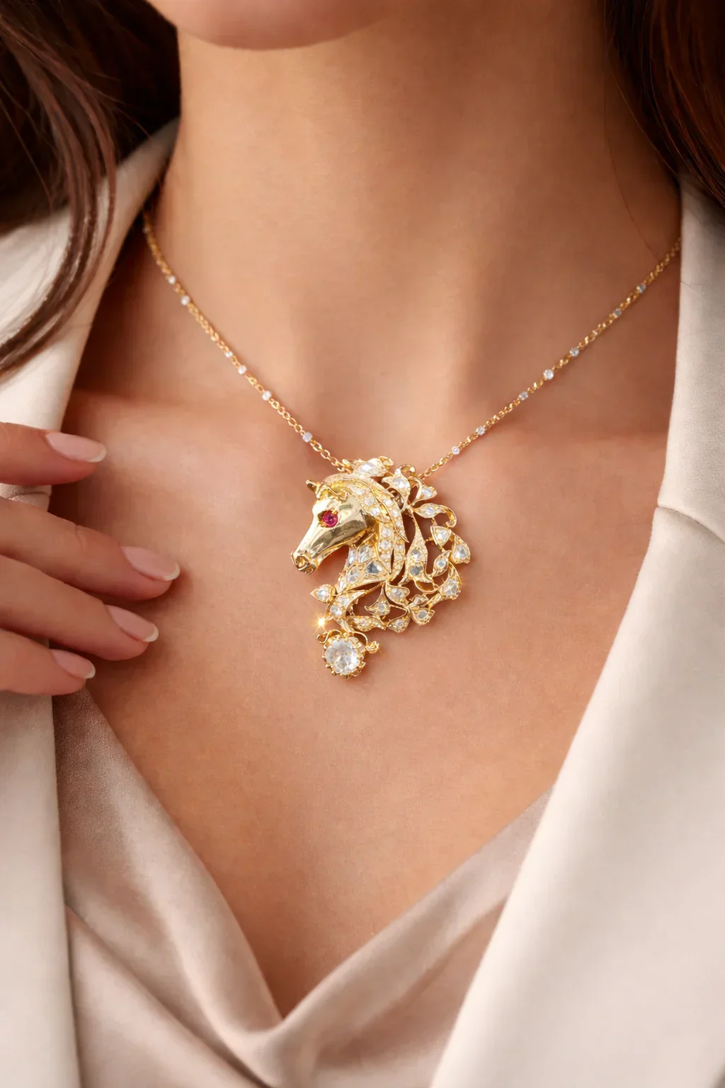 FOUNDATION JEWELLERS | 750 Y/G Peranakan Natural Rose Cut Diamond Pendant Brooch "Horse" 10.19gm Ruby2-010ct RCD41-1.14ct RCD1-0.51ct - Image 3