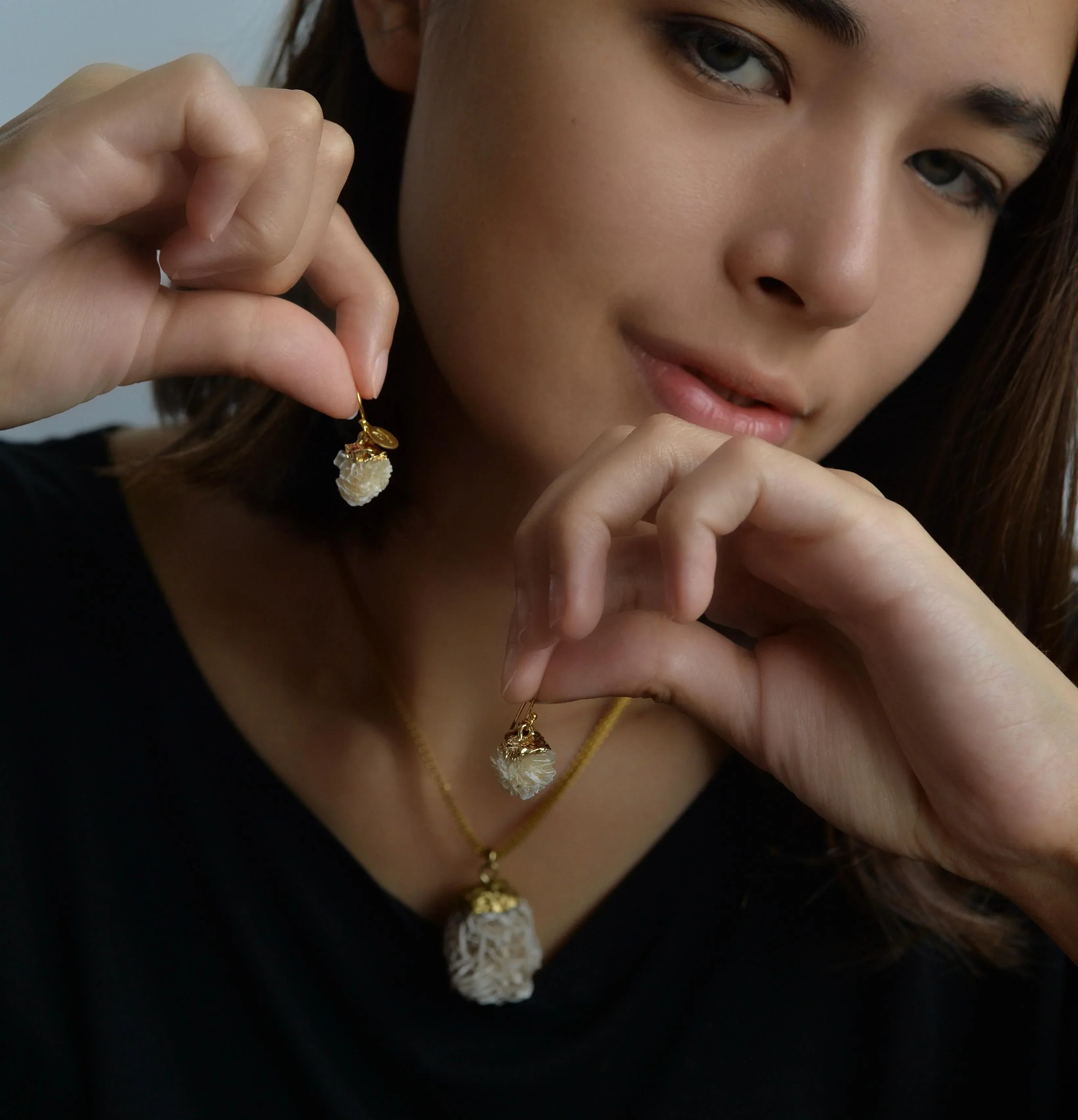 MARILYN TAN JEWELLERY | Beige Mini Desert Rose Gold Hook Earrings - Image 4
