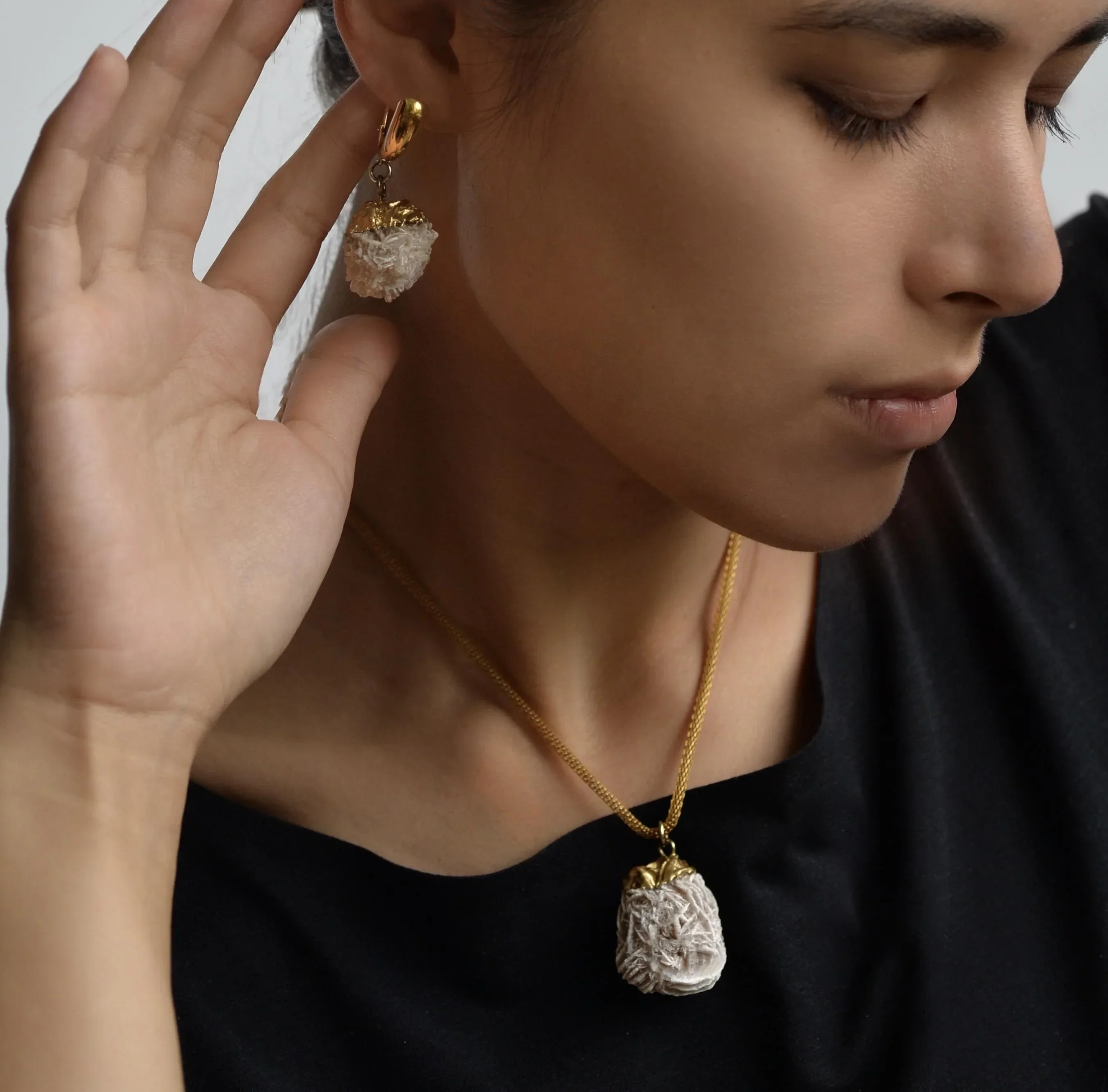 MARILYN TAN JEWELLERY | Natural Beige Desert Rose Clip and Post Gold Earrings - Image 5