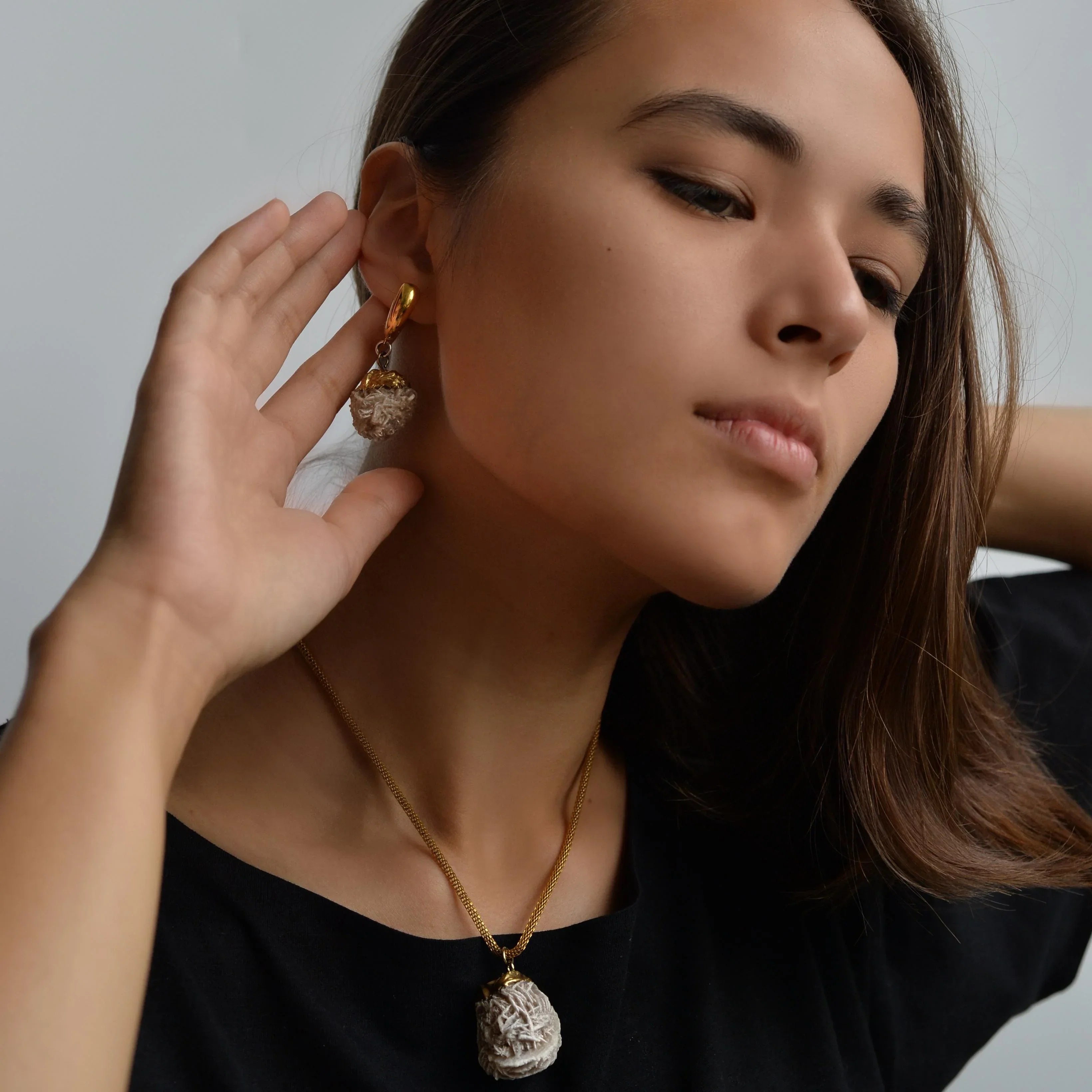 MARILYN TAN JEWELLERY | Natural Beige Desert Rose Clip and Post Gold Earrings - Image 6