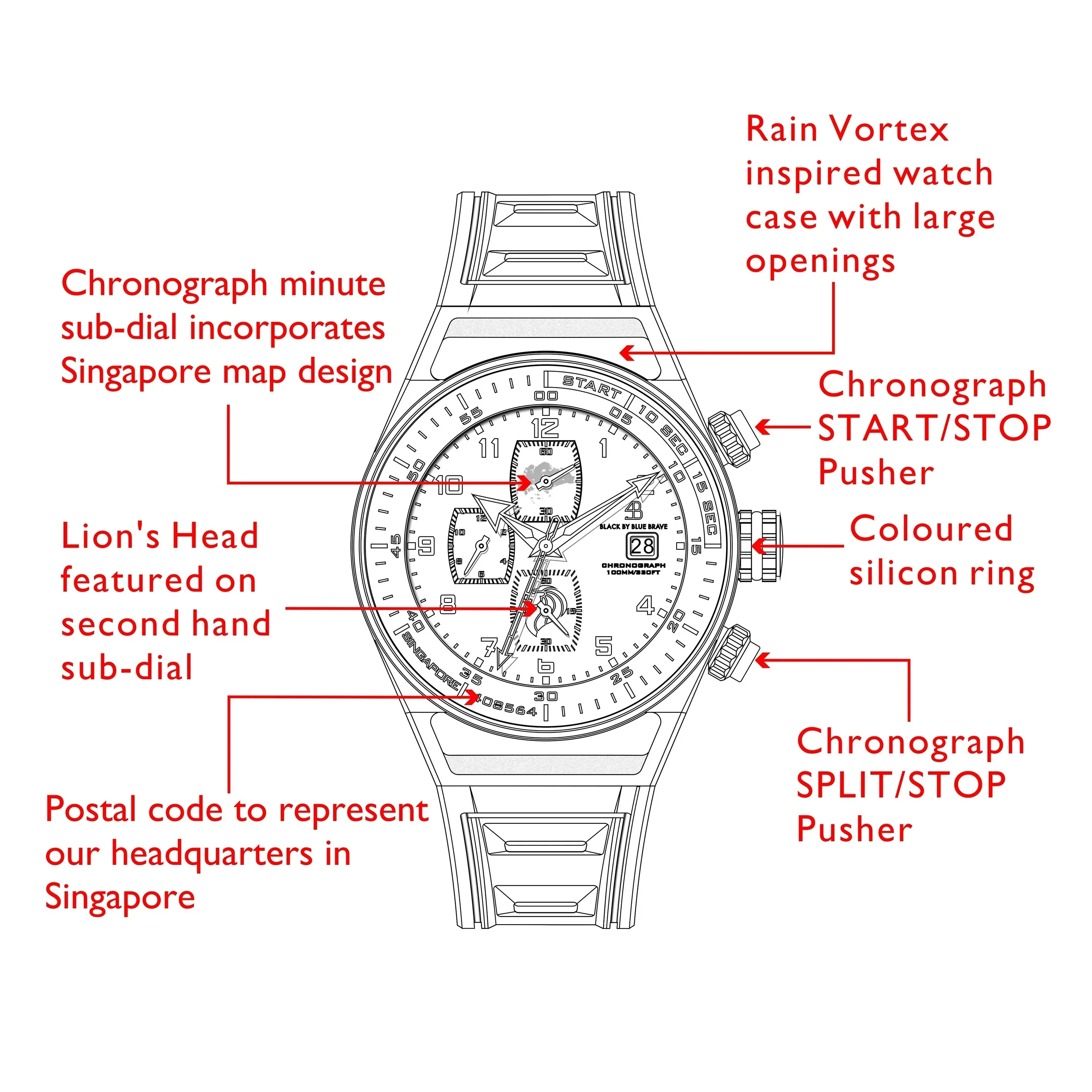 BLACK BY BLUE BRAVE | Merlion II Red Chronograph Watch - 40mm - Image 4