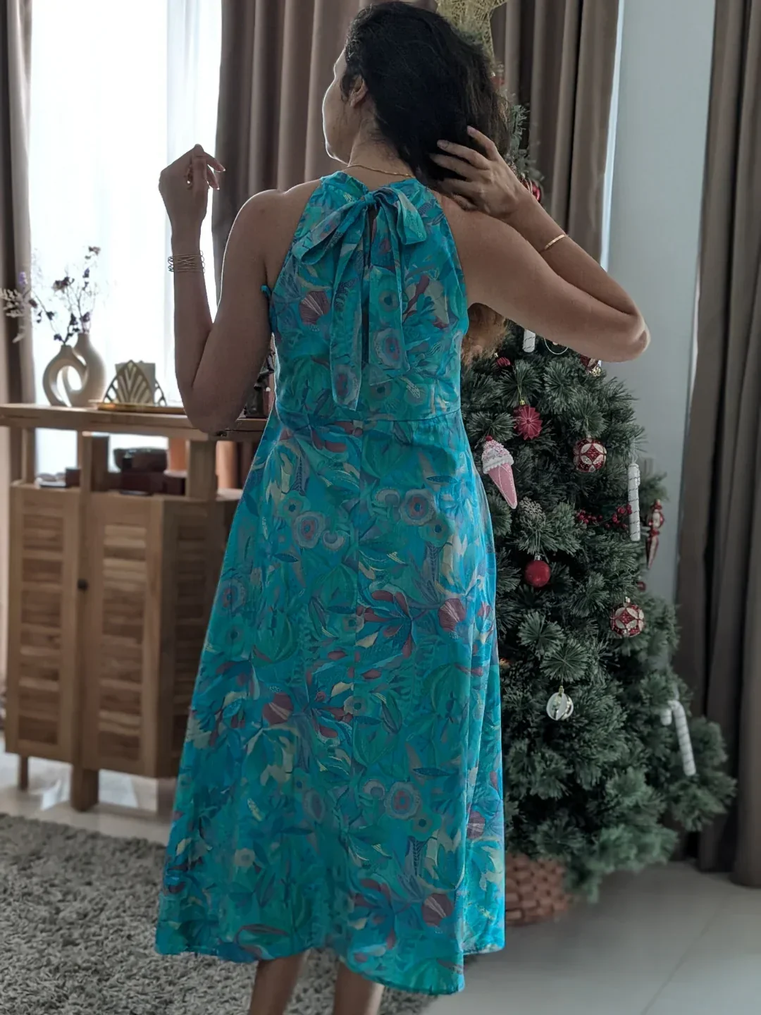 NIMBU | Eden Lagoon Women's Long Halter Dress in Turquoise in Muslin Cotton - Image 2