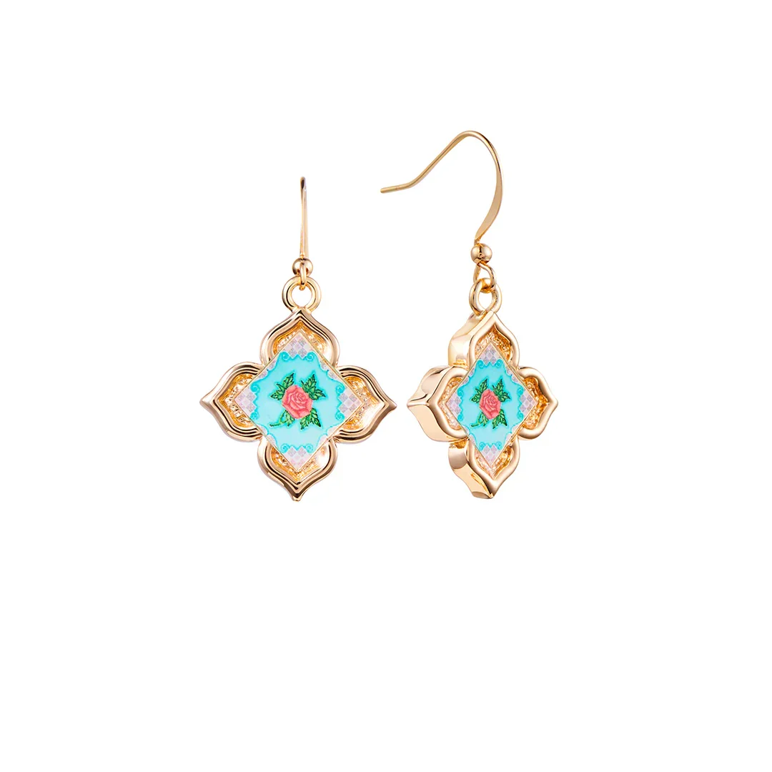 RARE BIRD COLLECTION | Peranakan Floral Drop Earrings - Turquoise