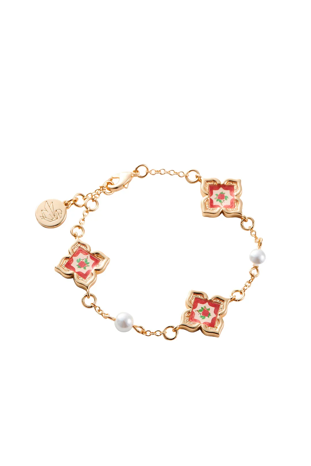 RARE BIRD COLLECTION | Peranakan Floral Pearl Charm Bracelet - Rosy Pink Gold