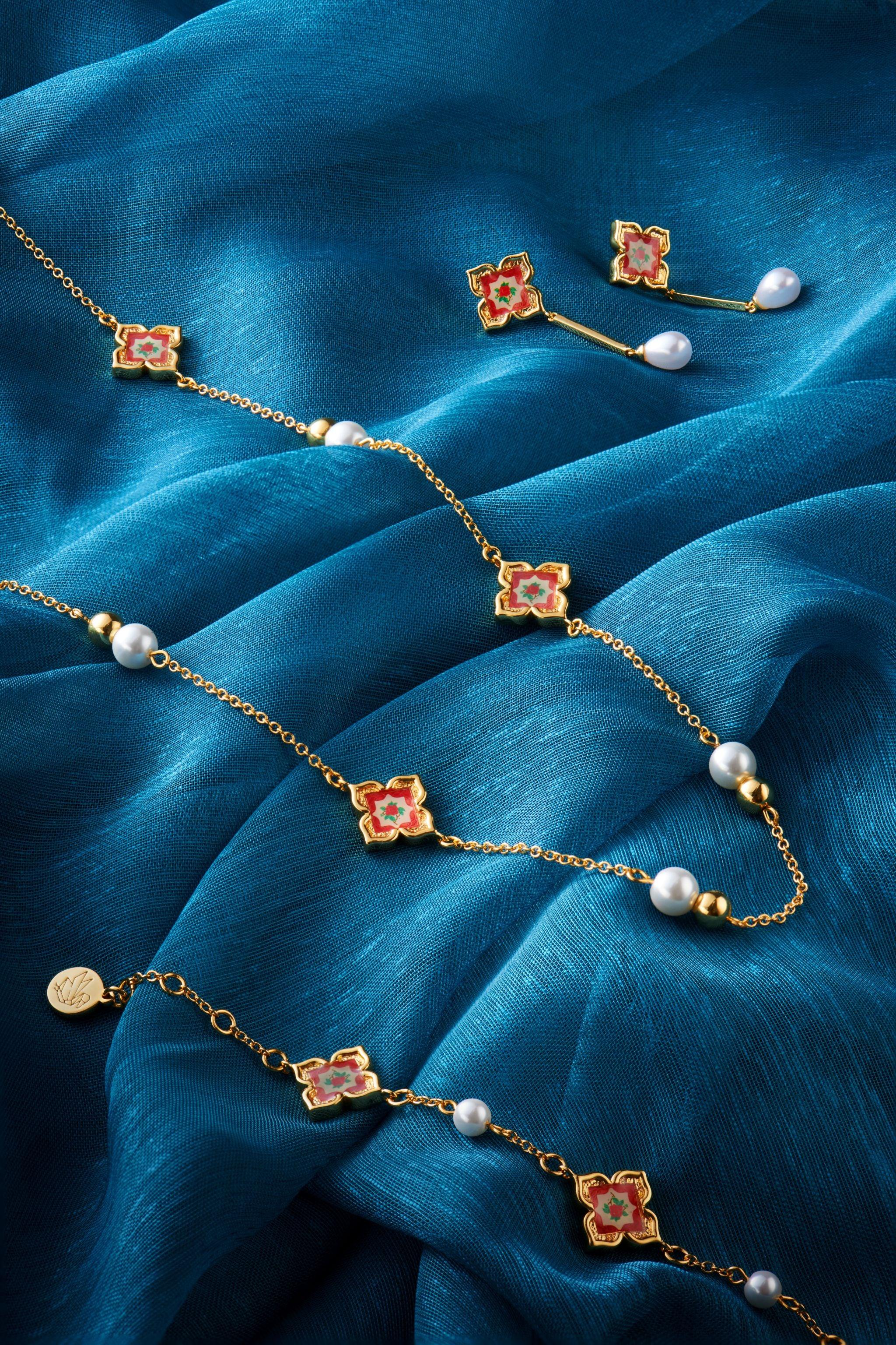 RARE BIRD COLLECTION | Peranakan Floral Pearl Charm Long Necklace - Rosy Pink Gold - Image 2