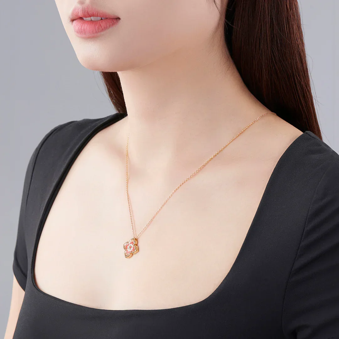 RARE BIRD COLLECTION | Peranakan Floral Pendant Necklace - Rosy Pink - Image 2