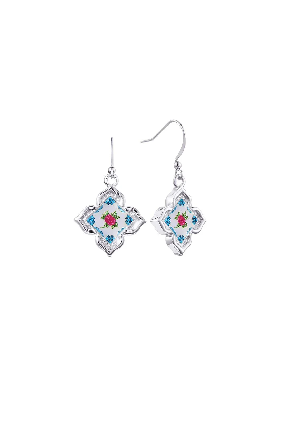 RARE BIRD COLLECTION | Peranakan Floral Hook Earrings - Silver Flora Rose