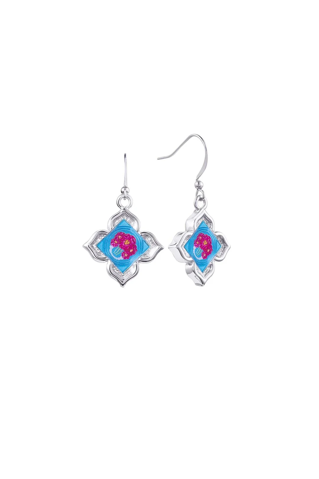 RARE BIRD COLLECTION | Peranakan Floral Hook Earrings - Silver Nyra Bloom