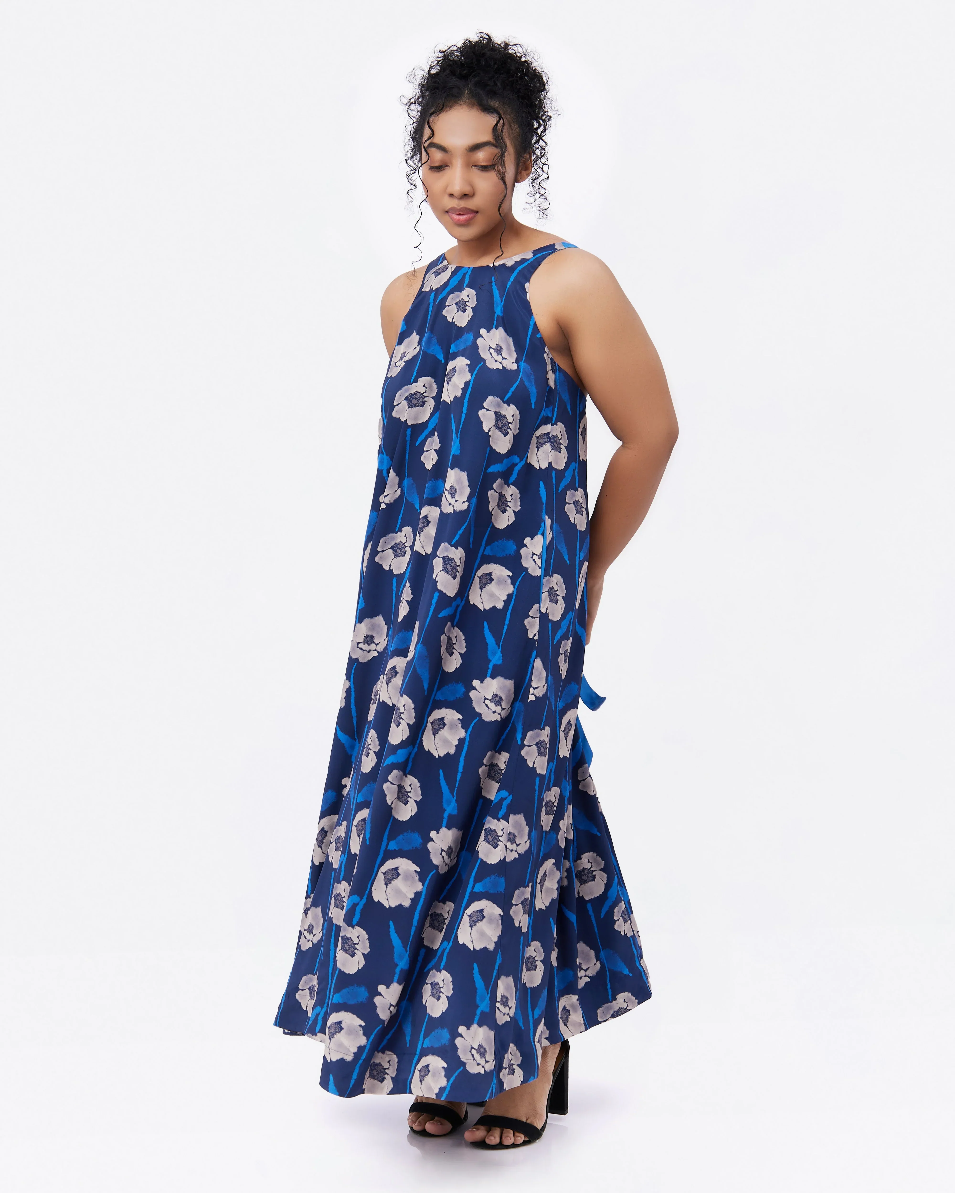 STUDIO QILING | Dancing Poppies Moonlight Reversible Silk Blend Maxi Dress
