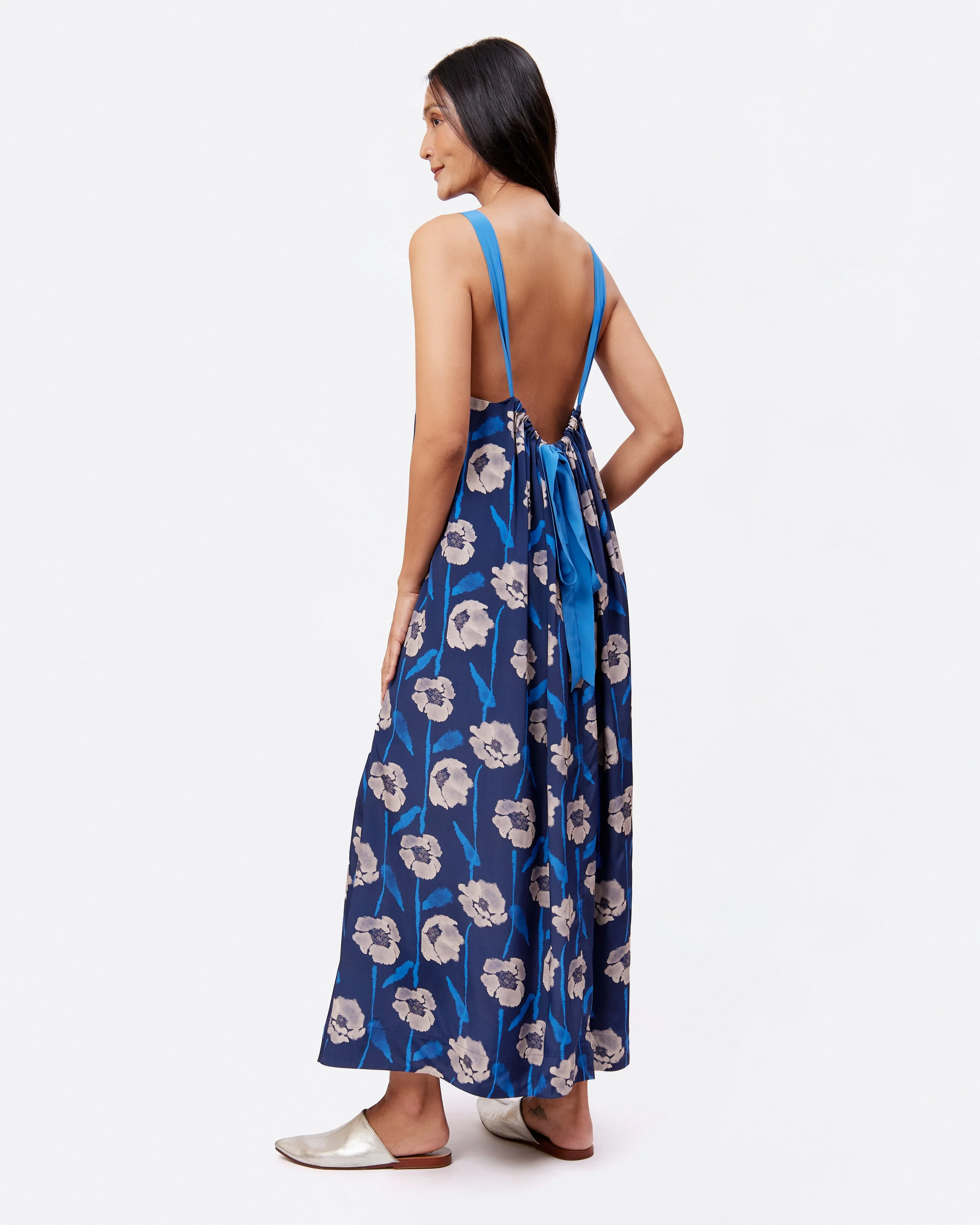 STUDIO QILING | Dancing Poppies Moonlight Reversible Silk Blend Maxi Dress - Image 3