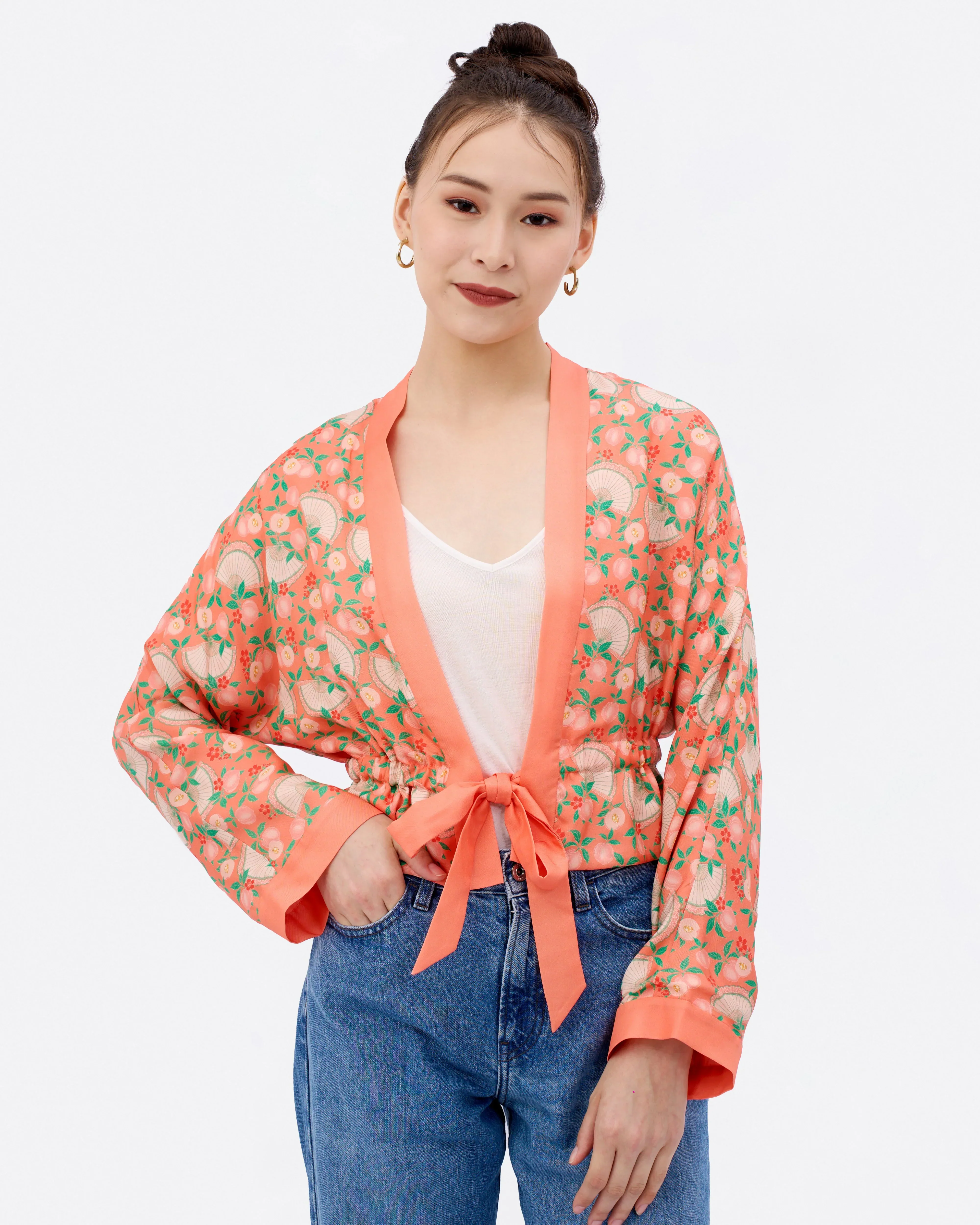 STUDIO QILING | Golden Peaches Coral Reversible Cropped Kimono