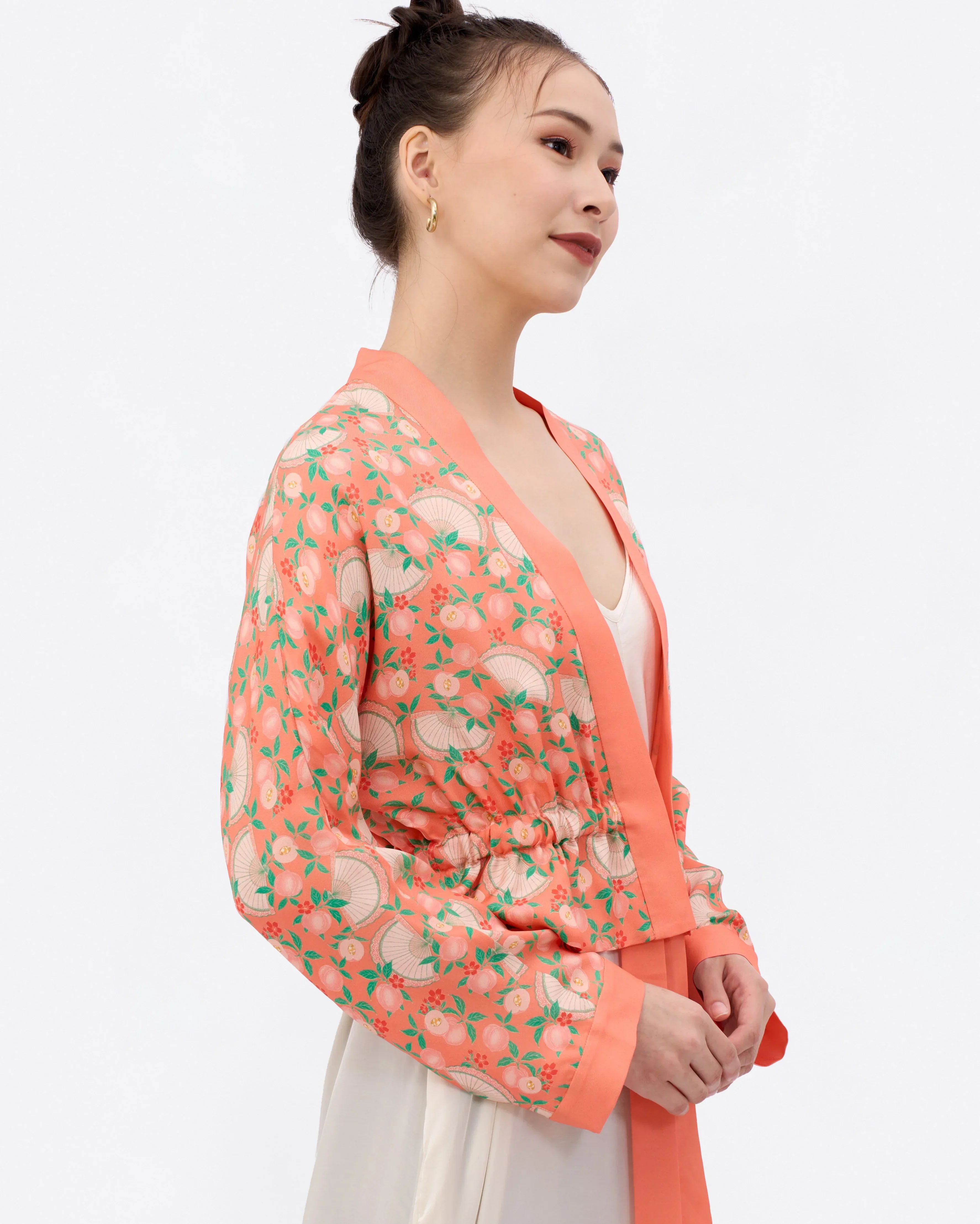 STUDIO QILING | Golden Peaches Coral Reversible Cropped Kimono - Image 3