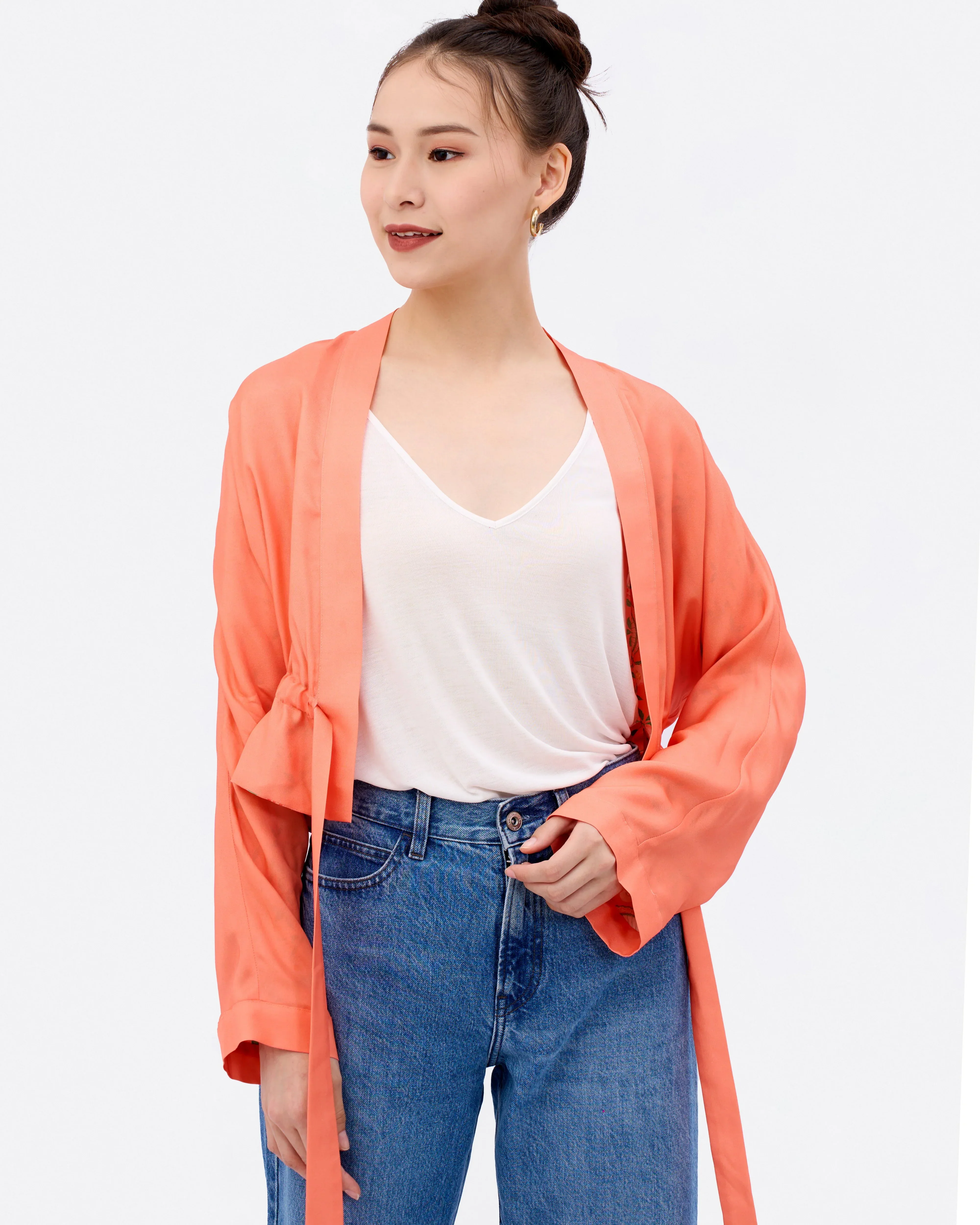 STUDIO QILING | Golden Peaches Coral Reversible Cropped Kimono - Image 6