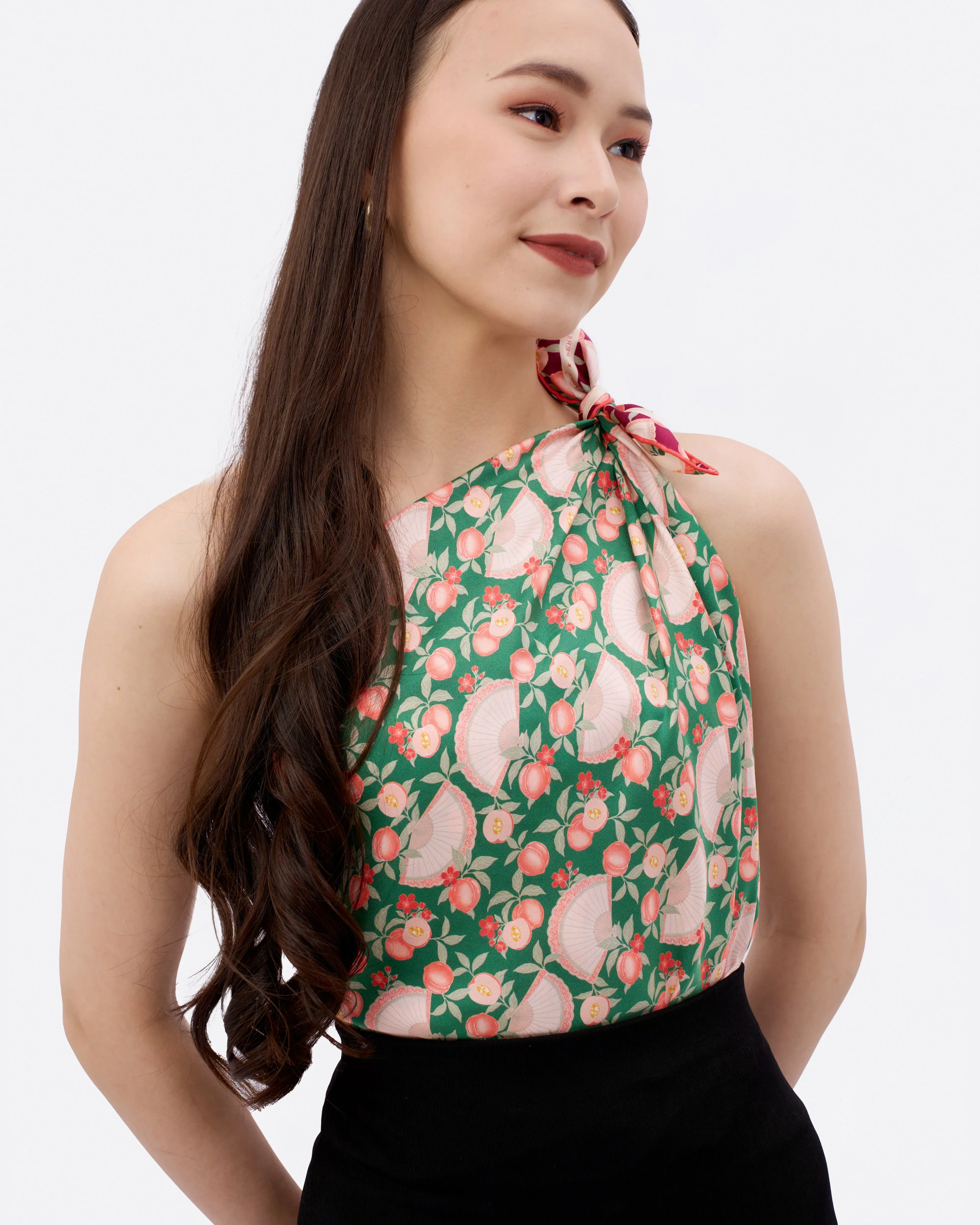 STUDIO QILING | Golden Peaches Emerald Wine Double Side Silk Scarf 100 - Image 2