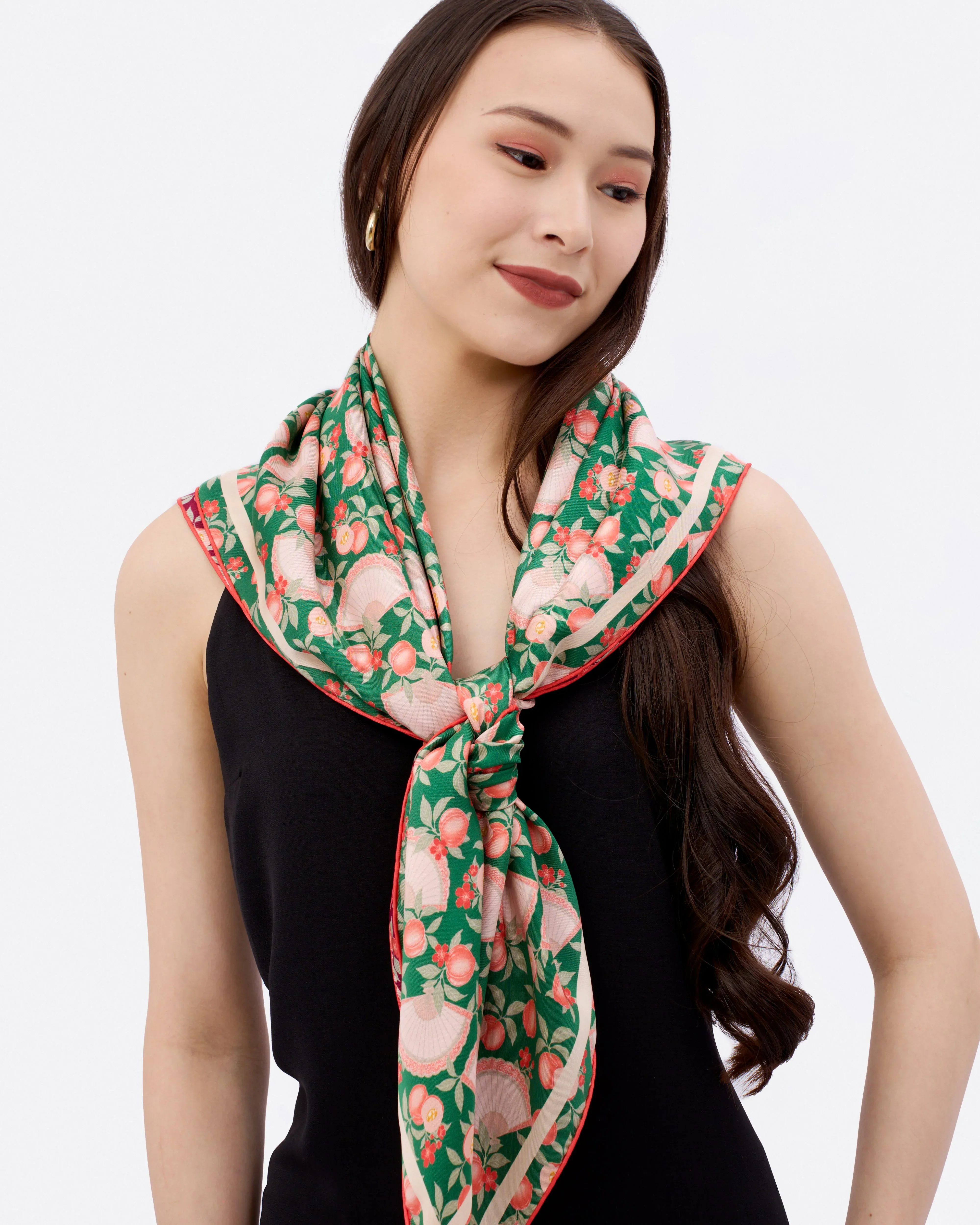STUDIO QILING | Golden Peaches Emerald Wine Double Side Silk Scarf 100 - Image 3
