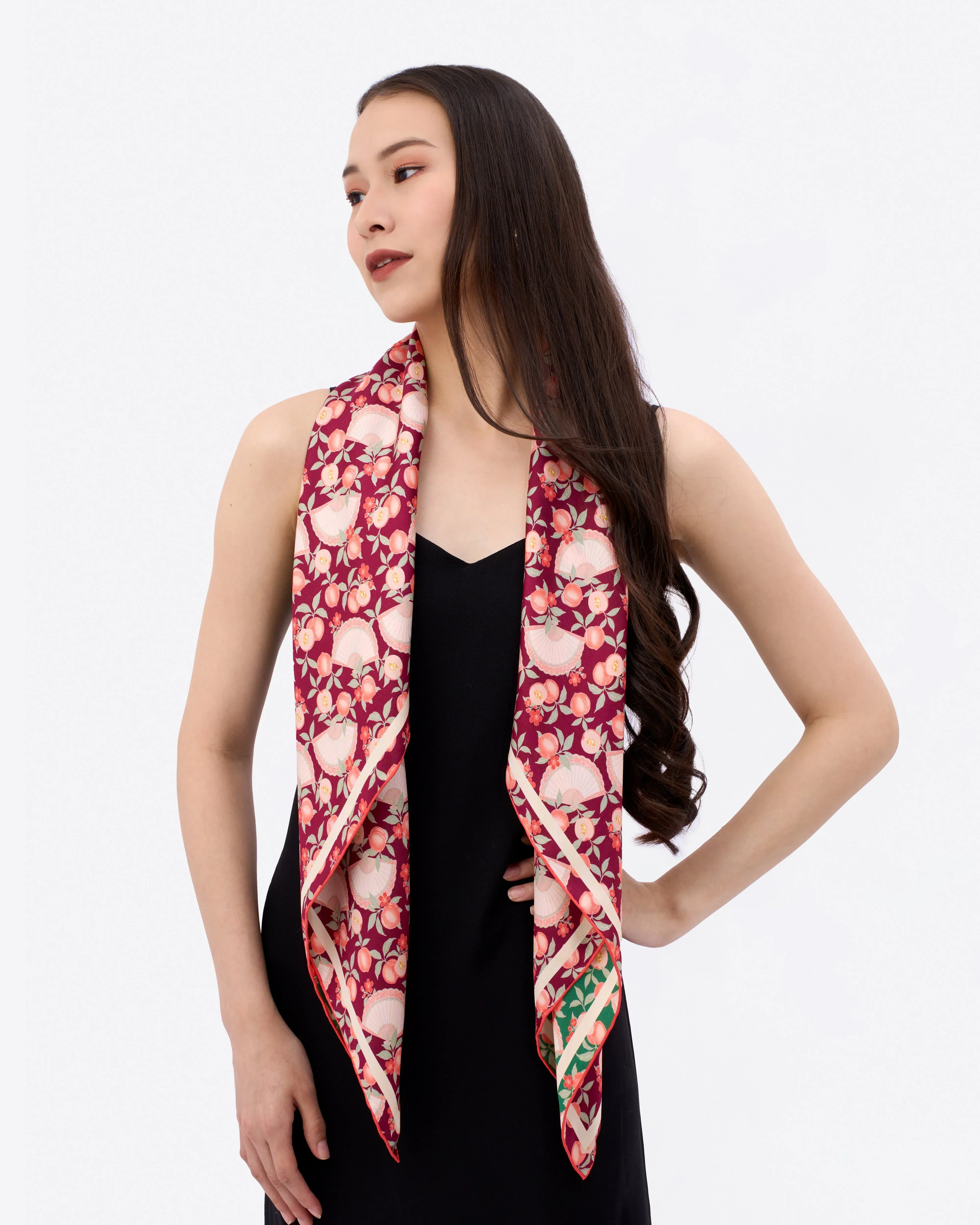 STUDIO QILING | Golden Peaches Emerald Wine Double Side Silk Scarf 100 - Image 4
