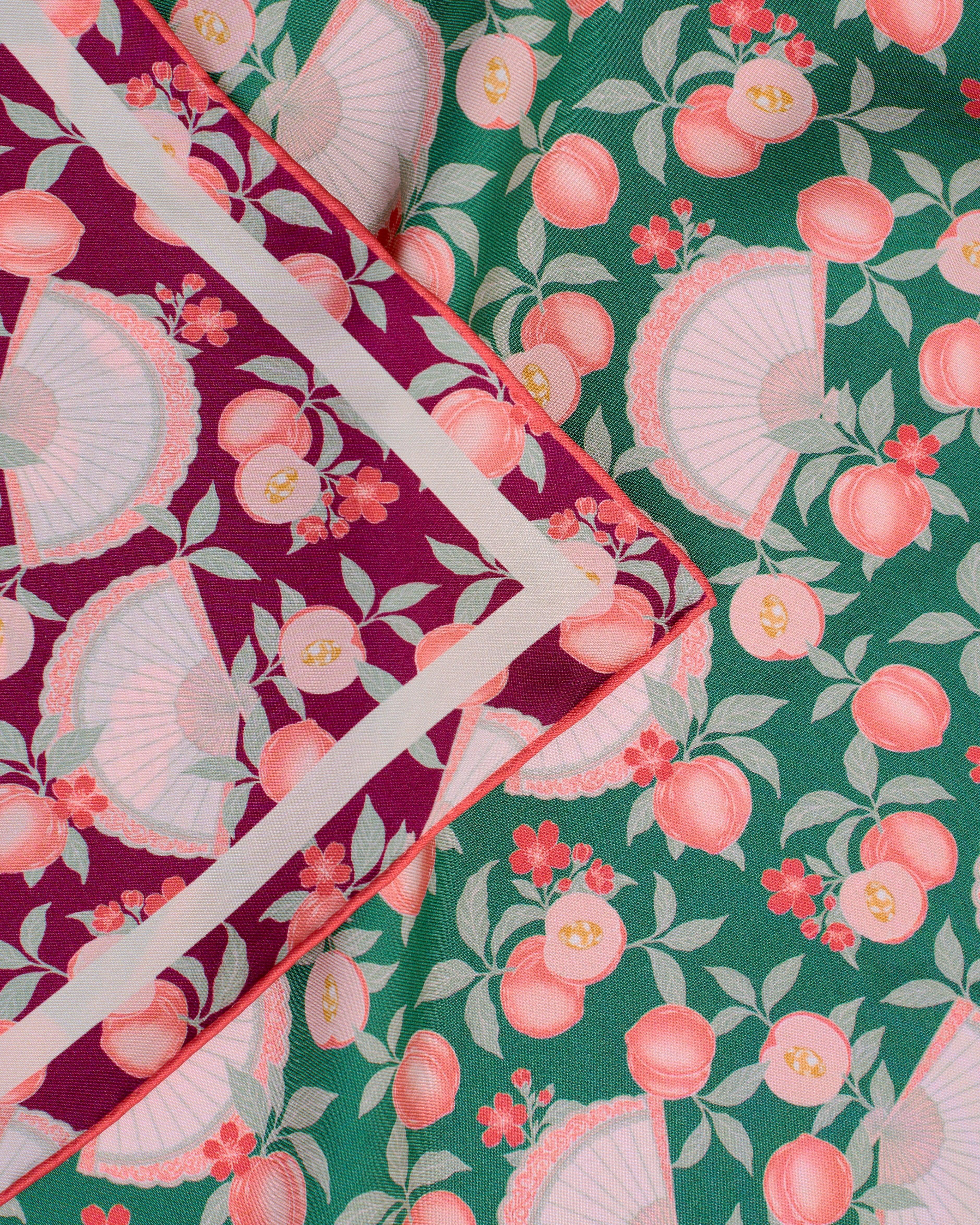 STUDIO QILING | Golden Peaches Emerald Wine Double Side Silk Scarf 100 - Image 5